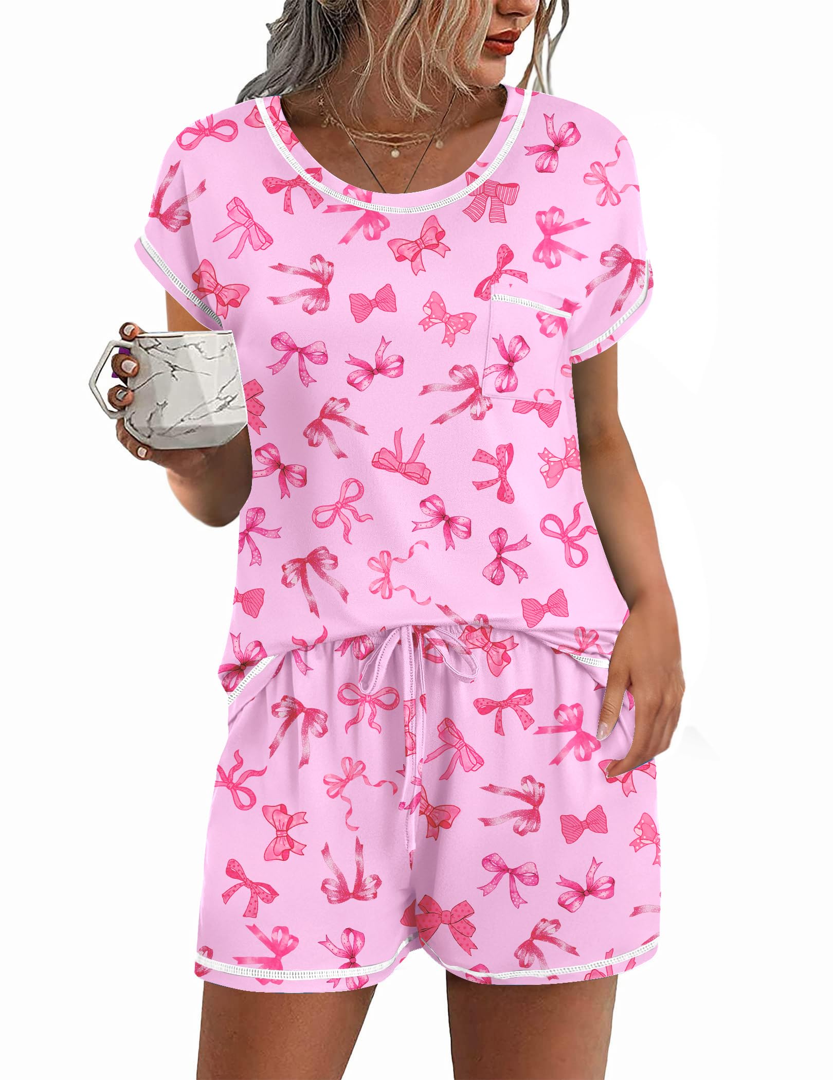 Ekouaer Womens Pajama Sets 2 Piece Soft Short Sleeve Top and Shorts Sleepwear Round Neck Pjs Lounge Set with Pockets