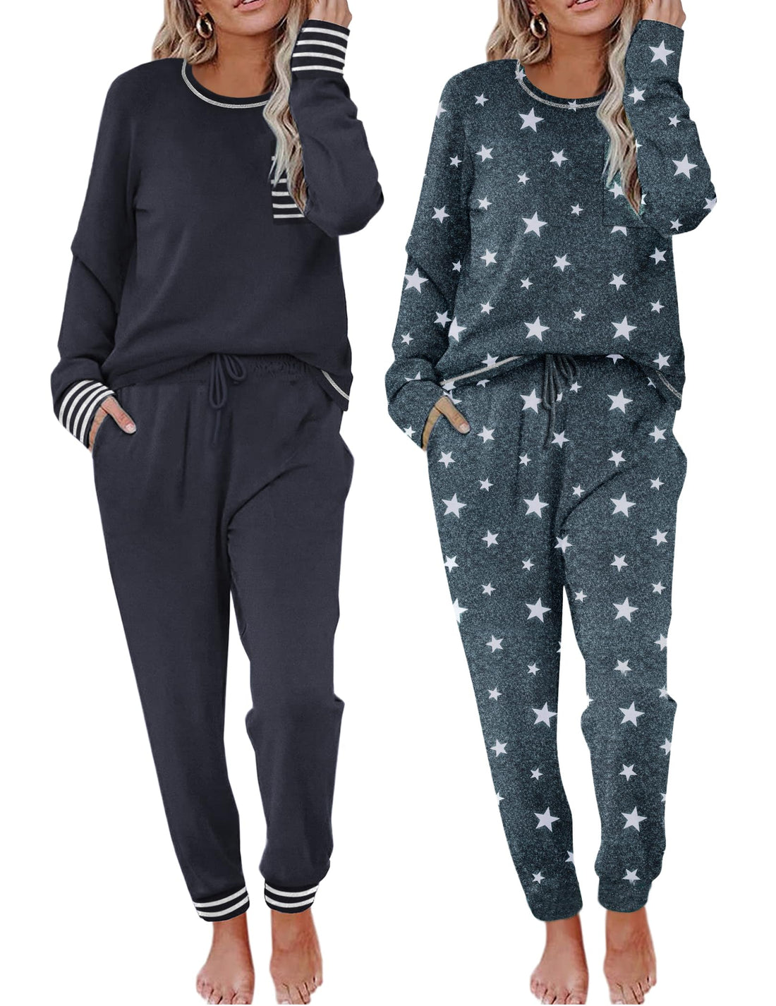 Ekouaer 2 Pack Womens Pajama Sets Long Sleeve Lounge Sets Soft Pj Sleepwear Loungewear