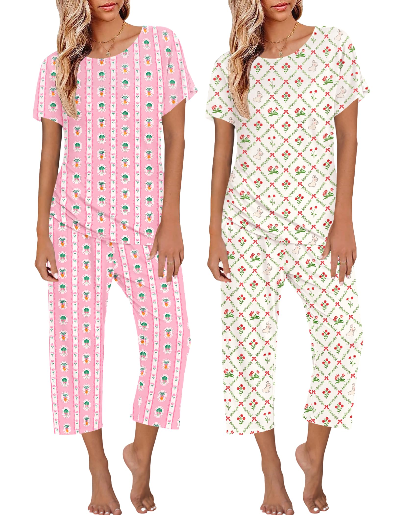 Ekouaer 2 Pack Womens Pajamas Sets Short Sleeve Tops and Capri Pants Pjs Colorful Printed Sleepwear Sets