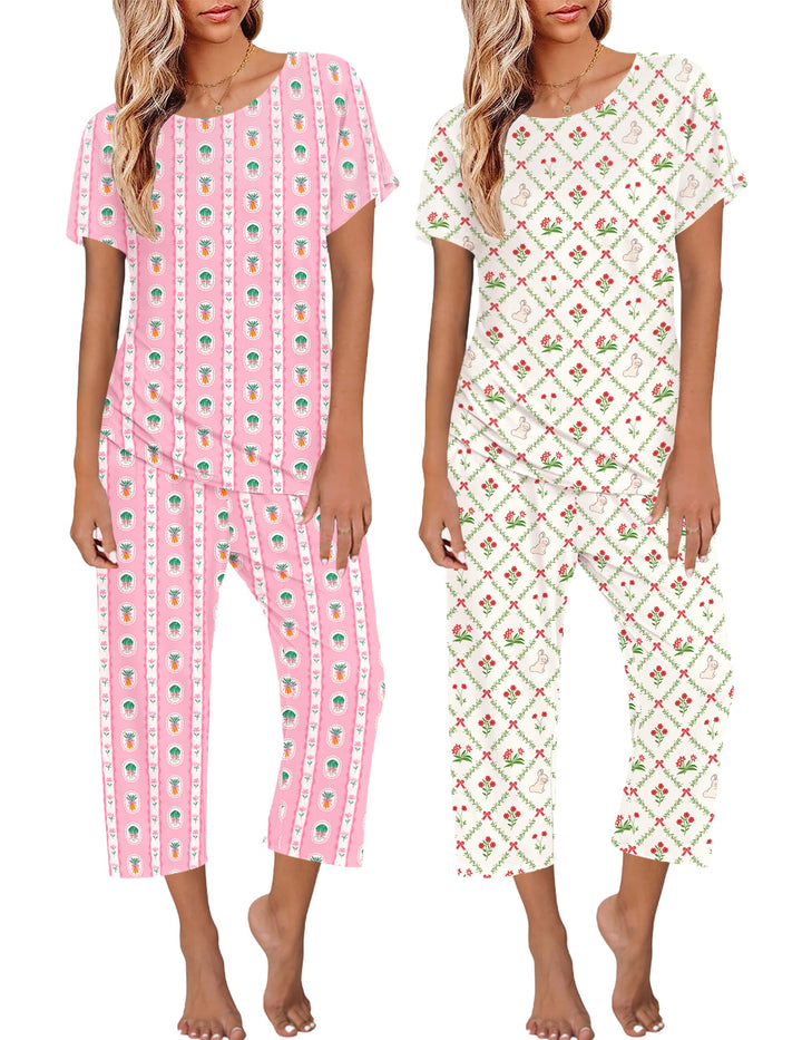 Ekouaer 2 Pack Womens Pajamas Sets Short Sleeve Tops and Capri Pants Pjs Colorful Printed Sleepwear Sets