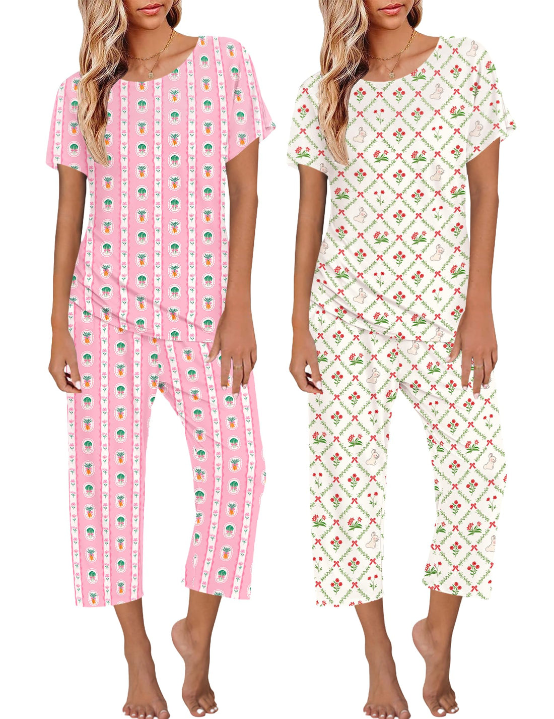 Ekouaer 2 Pack Womens Pajamas Sets Short Sleeve Tops and Capri Pants Pjs Colorful Printed Sleepwear Sets