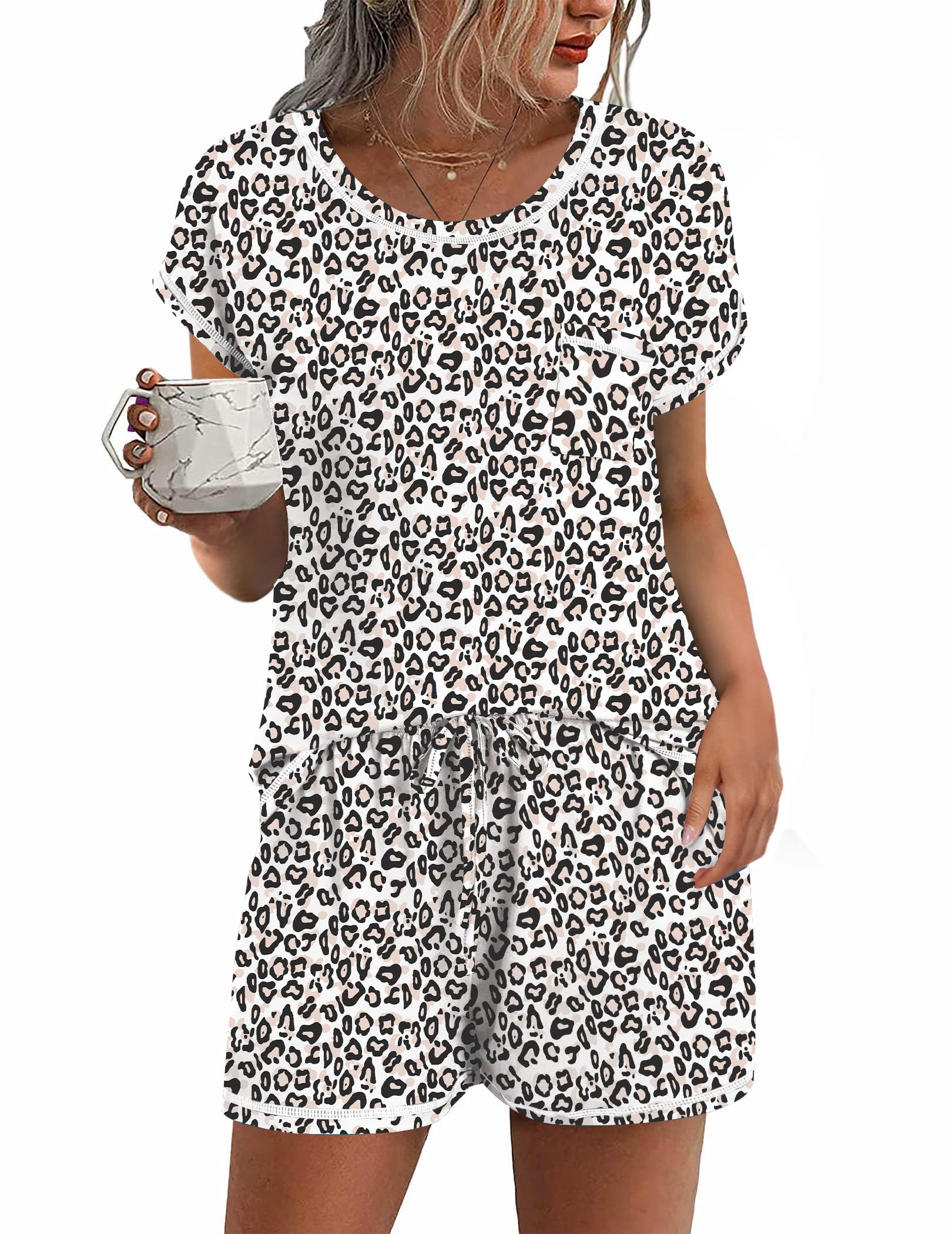 Ekouaer Womens Pajama Sets 2 Piece Soft Short Sleeve Top and Shorts Sleepwear Round Neck Pjs Lounge Set with Pockets