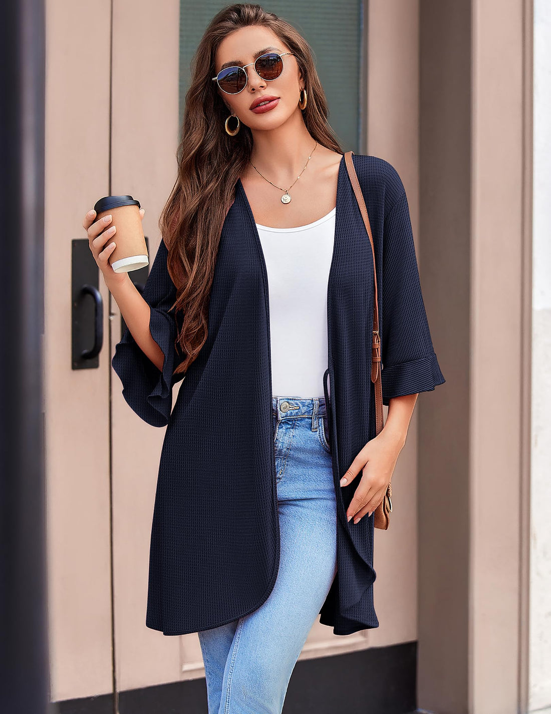 Ekouaer Robes for Women Lightweight Waffle Knit Short Bath Robe Knee Length Ruffle Ladies Loungewear WEBE CLOTHING