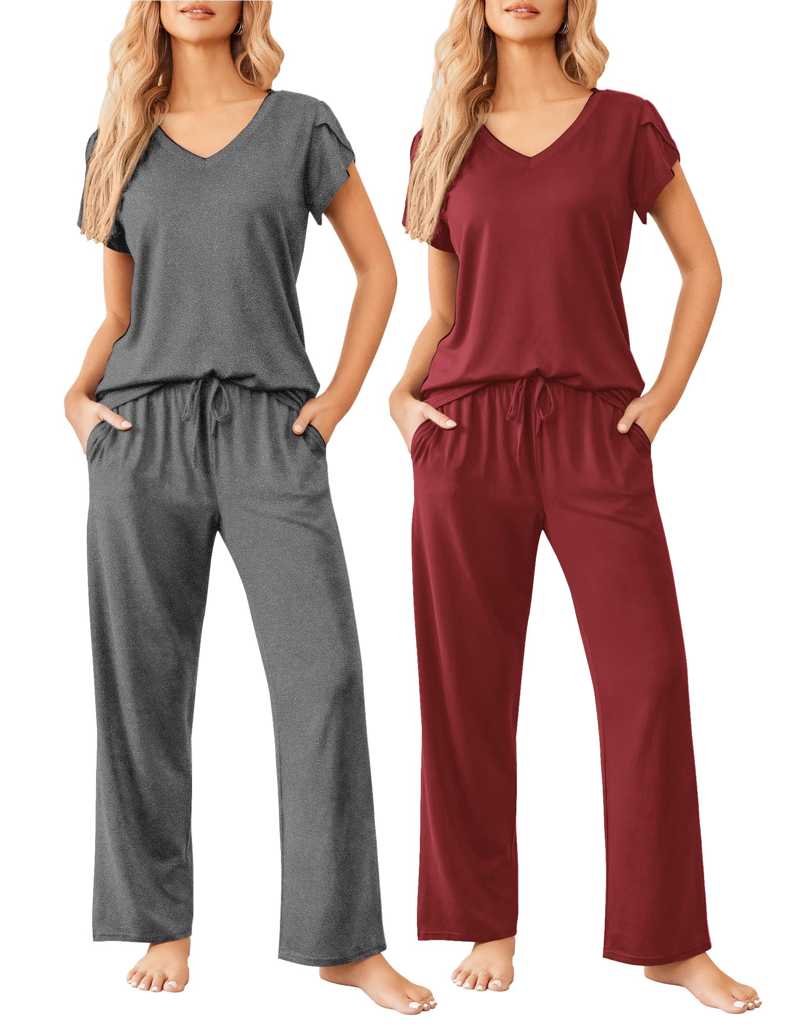 Ekouaer 2 Pack Womens Pajamas Short Sleeve Sleepwear Top with Pants Super-Soft Printed Lounge Sets S-XXL