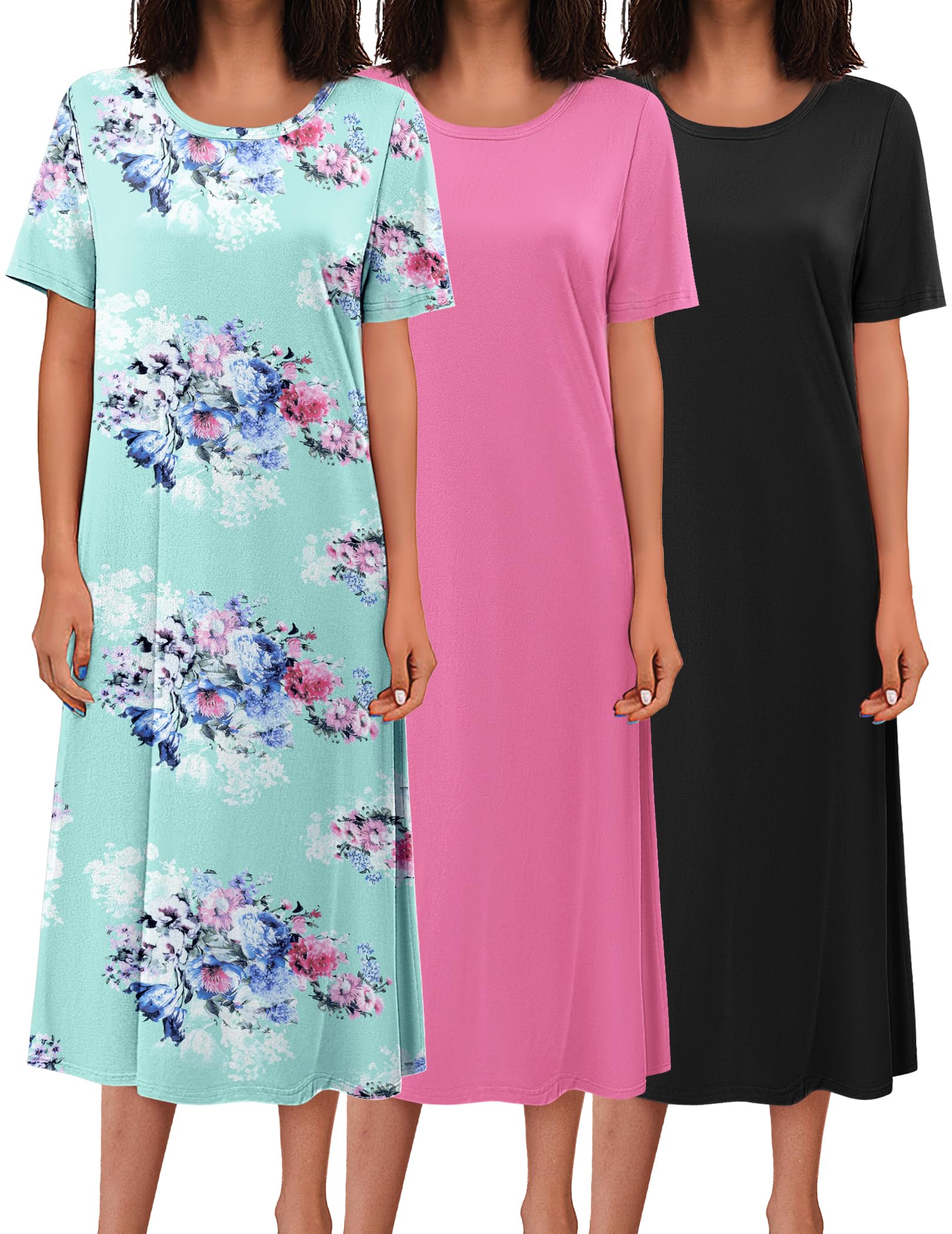 Ekouaer 3 Pack Long Nightgowns for Women Full Length Short Sleeve Nightshirt Soft Plus Size Sleepwear Casual Loungwear WEBE CLOTHING