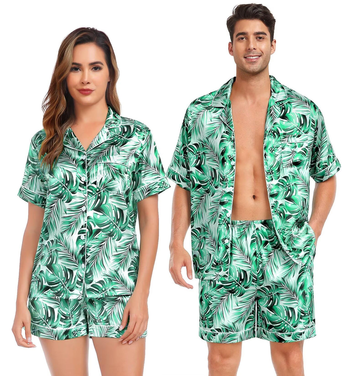 SWOMOG Satin Matching Pajamas Sets Couple Silk Button Down Nightwear Women & Men Short Sleeve Sleepwear 2 Pieces Loungewear