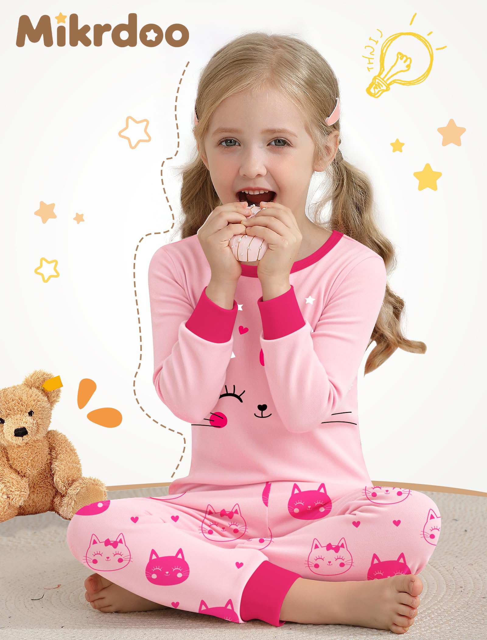 Mikrdoo Girls Pajamas Kids Soft Cute Cotton Long Sleeve 2 Piece Stretchy Snug Fit Pjs Set for Girls Size 4-14Y
