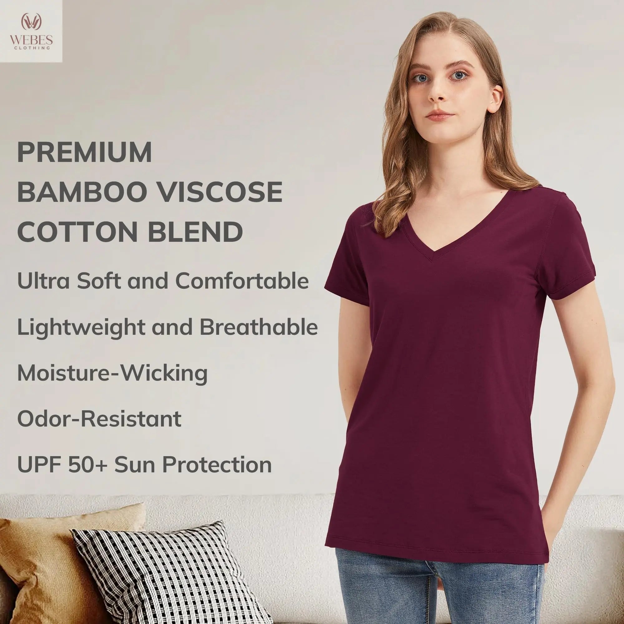 netdraw Women's Ultra-Soft Bamboo Viscose Cotton V-Neck Short Sleeve T-Shirt, Casual Summer Tops for Lounge Sleep Pajama