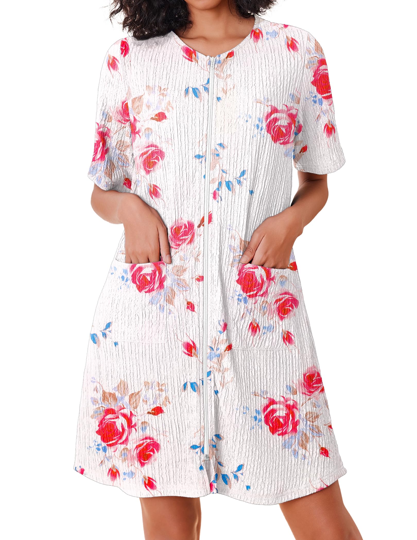 Ekouaer Women Zipper Robes Knit Short Bathrobe Lightweight House Coat with Pockets Soft Nightgown S-XXL WEBE CLOTHING