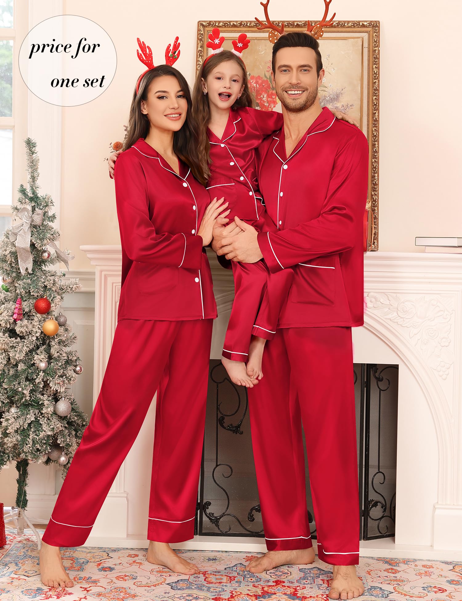 SWOMOG Matching Family Pajamas Set Women & Men & Kids Silk Satin Pjs 2 Pcs Long Sleeve Button Down Sleepwear with 2 Pockets