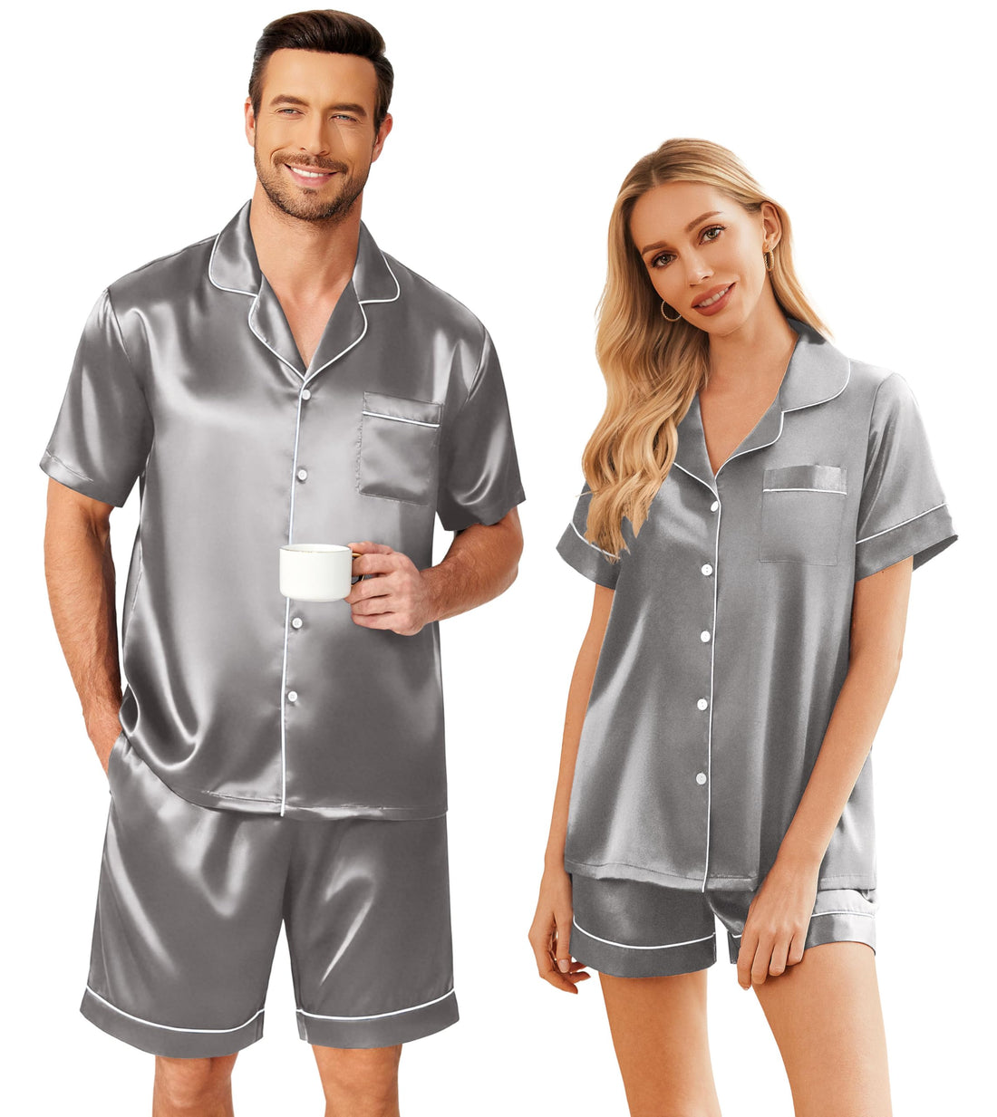 Ekouaer Couple Matching Pajamas Sets Silk Short Sleeve Button Down Sleepwear Satin Pjs Shorts Set Soft Loungewear S-XXL