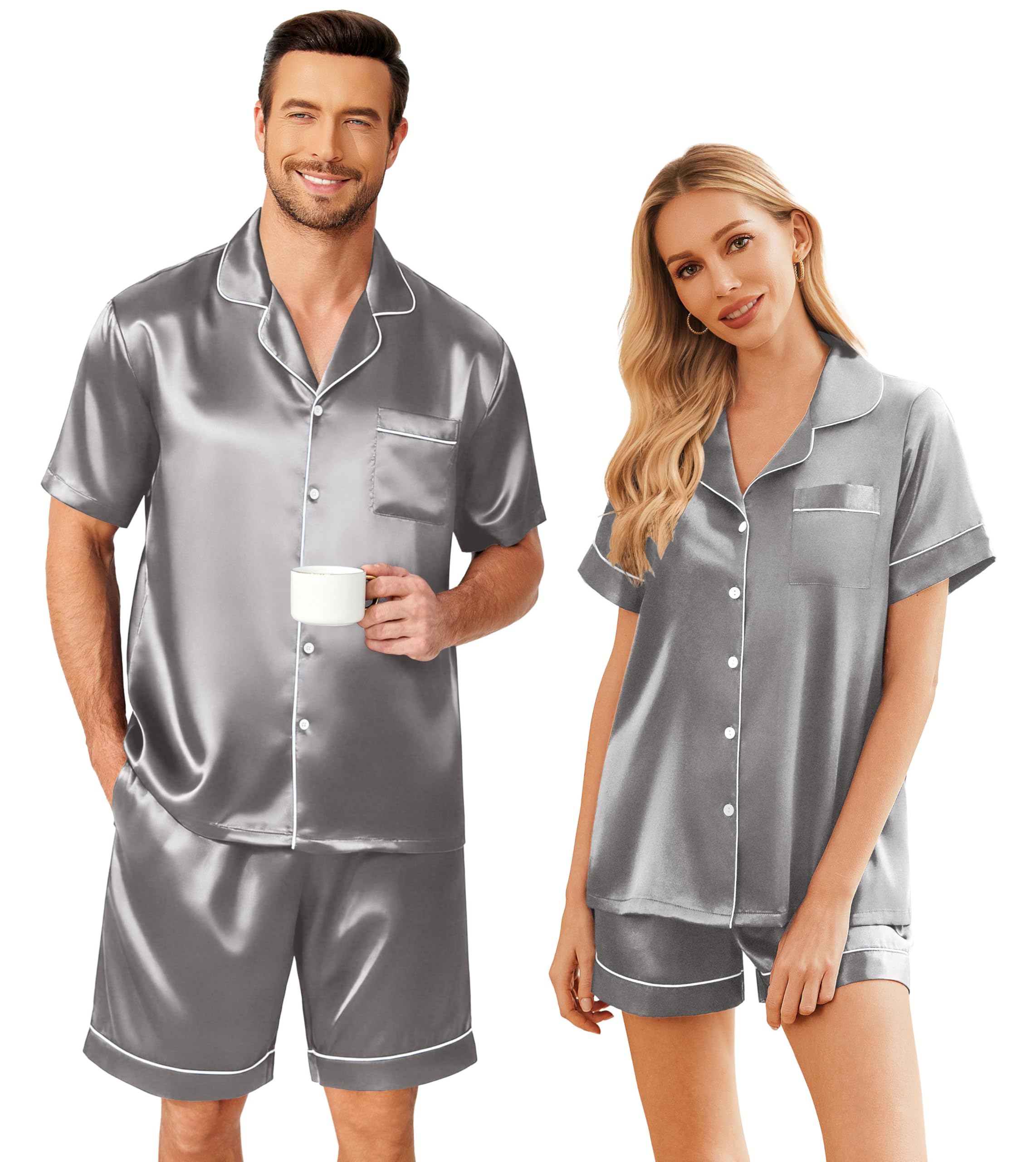Ekouaer Couple Matching Pajamas Sets Silk Short Sleeve Button Down Sleepwear Satin Pjs Shorts Set Soft Loungewear S-XXL
