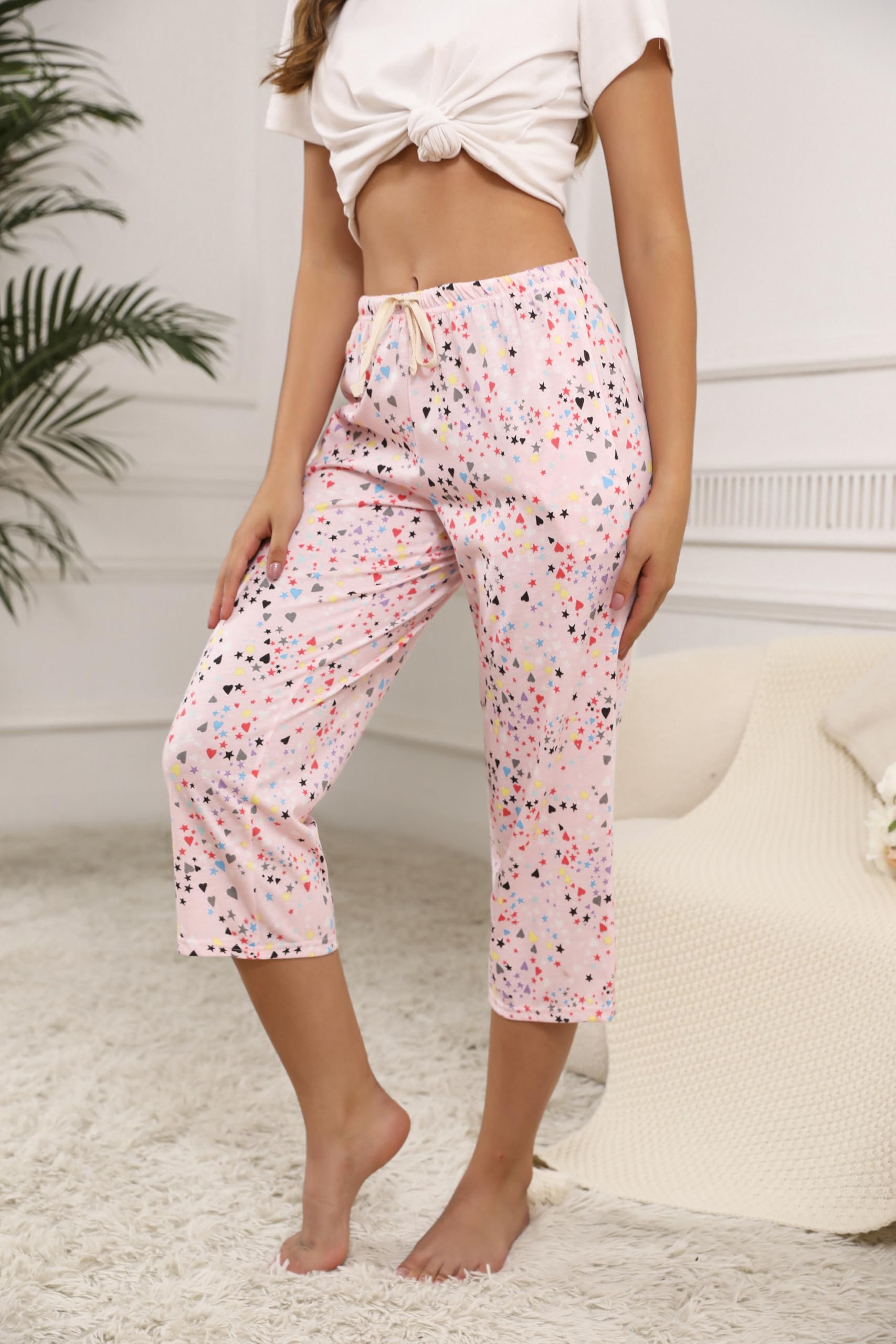 PNAEONG 3 Pack Women Pajama Pants Capri Length Drawstring Pj Bottoms Sleep Lounge Pants with Pockets S-3XL