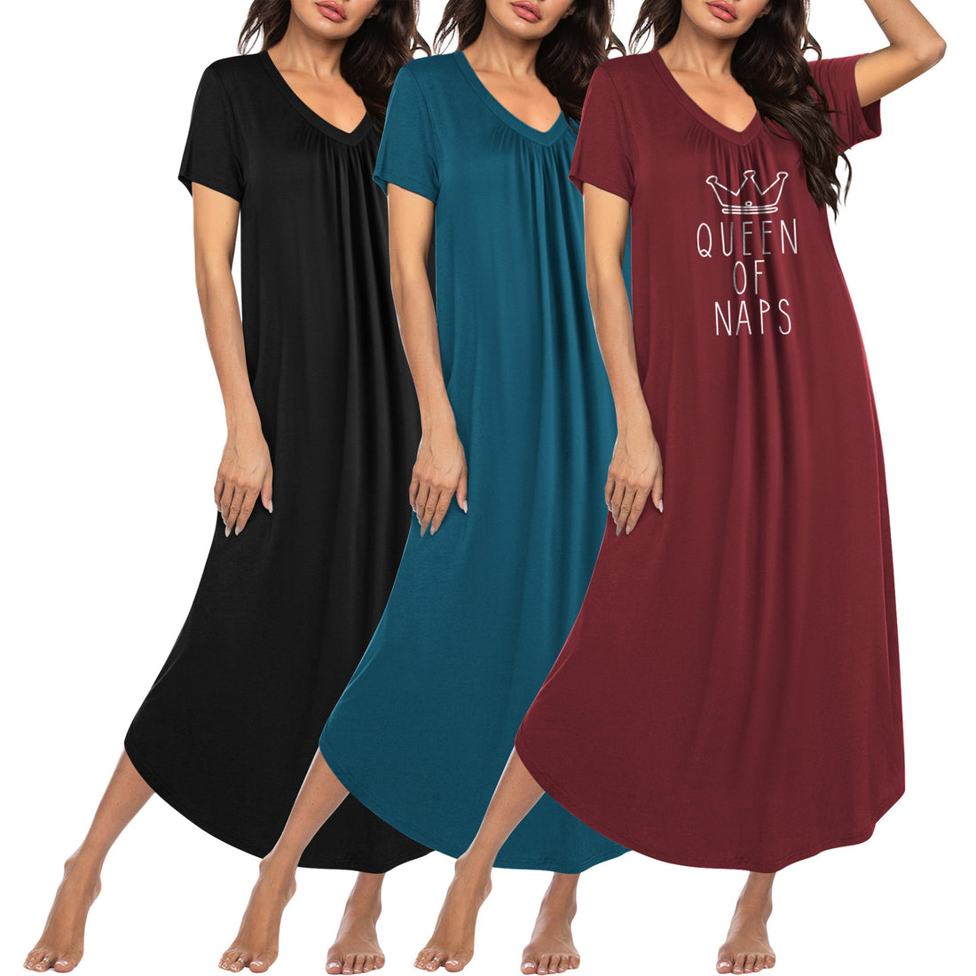 Ekouaer Long Nightgowns for Women 3 Pack House Dress Plus Size Moo Moos | V Neck Night Gowns,Short Sleeve Sleep Dress,Ladies Lounge Dress,Soft Sleep Shirt,Casual Night dress for Sleeping,Daily Wear WEBE CLOTHING