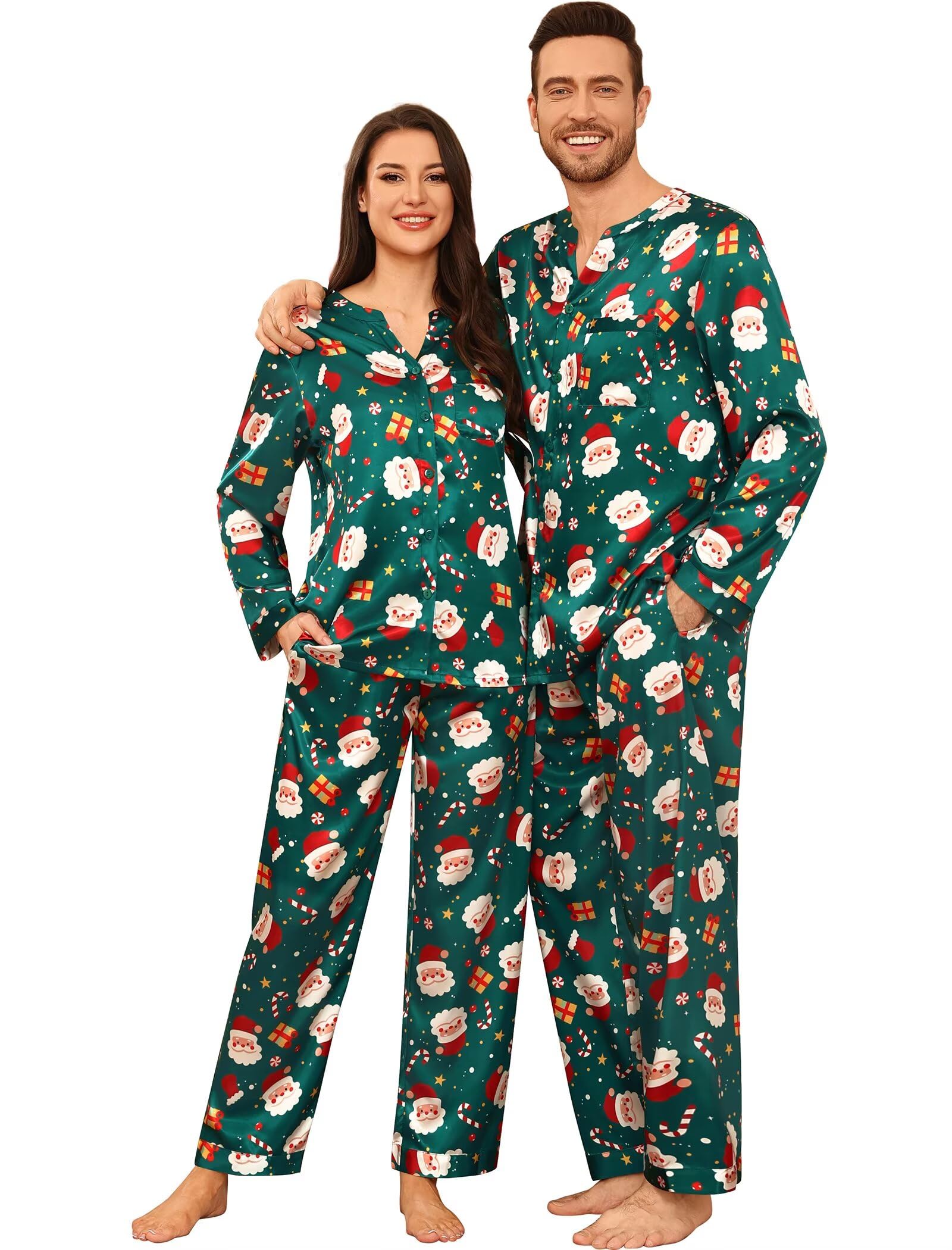 SWOMOG Family Matching Pajama Set 2Pcs Silk Satin Sleepwear Long Sleeve Button Down Loungewear