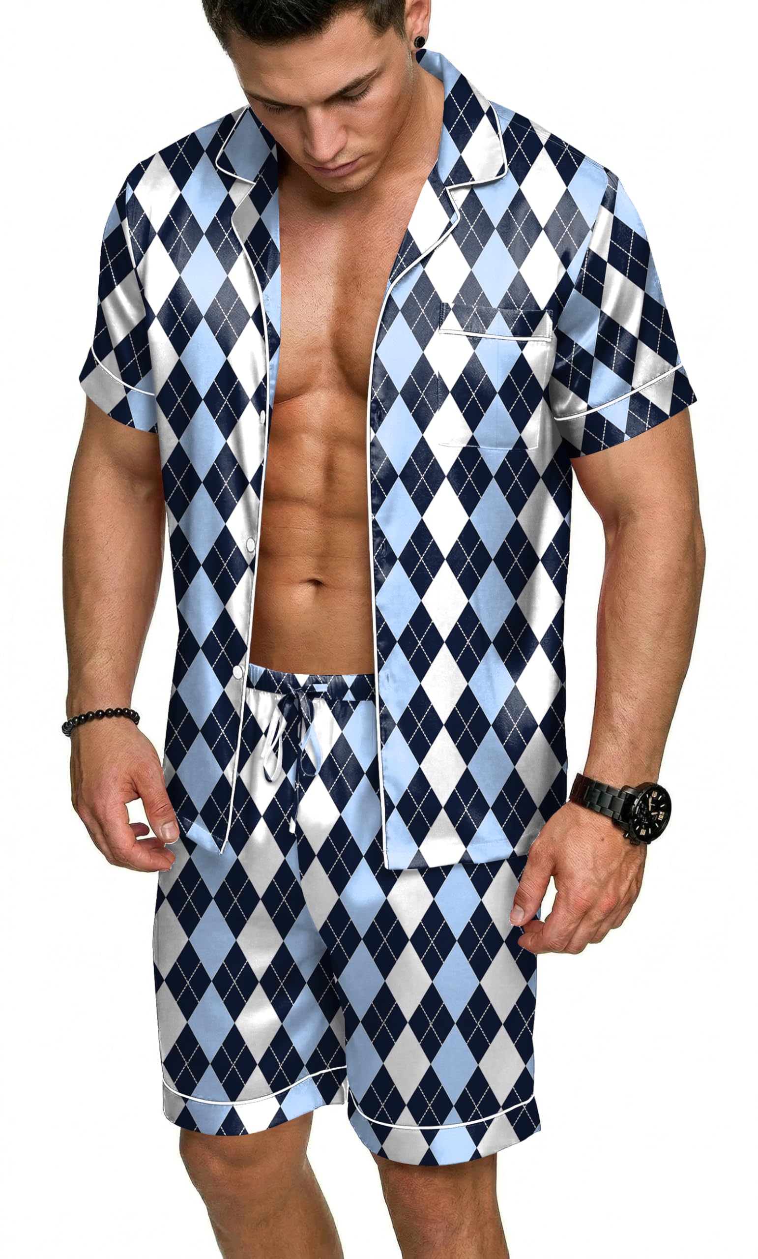Ekouaer Mens Silk Satin Pajamas Set, Short Sleeve Sleepwear Lightweight Button Up Lounge Pjs Set with Pockets S-4XL WEBE CLOTHING