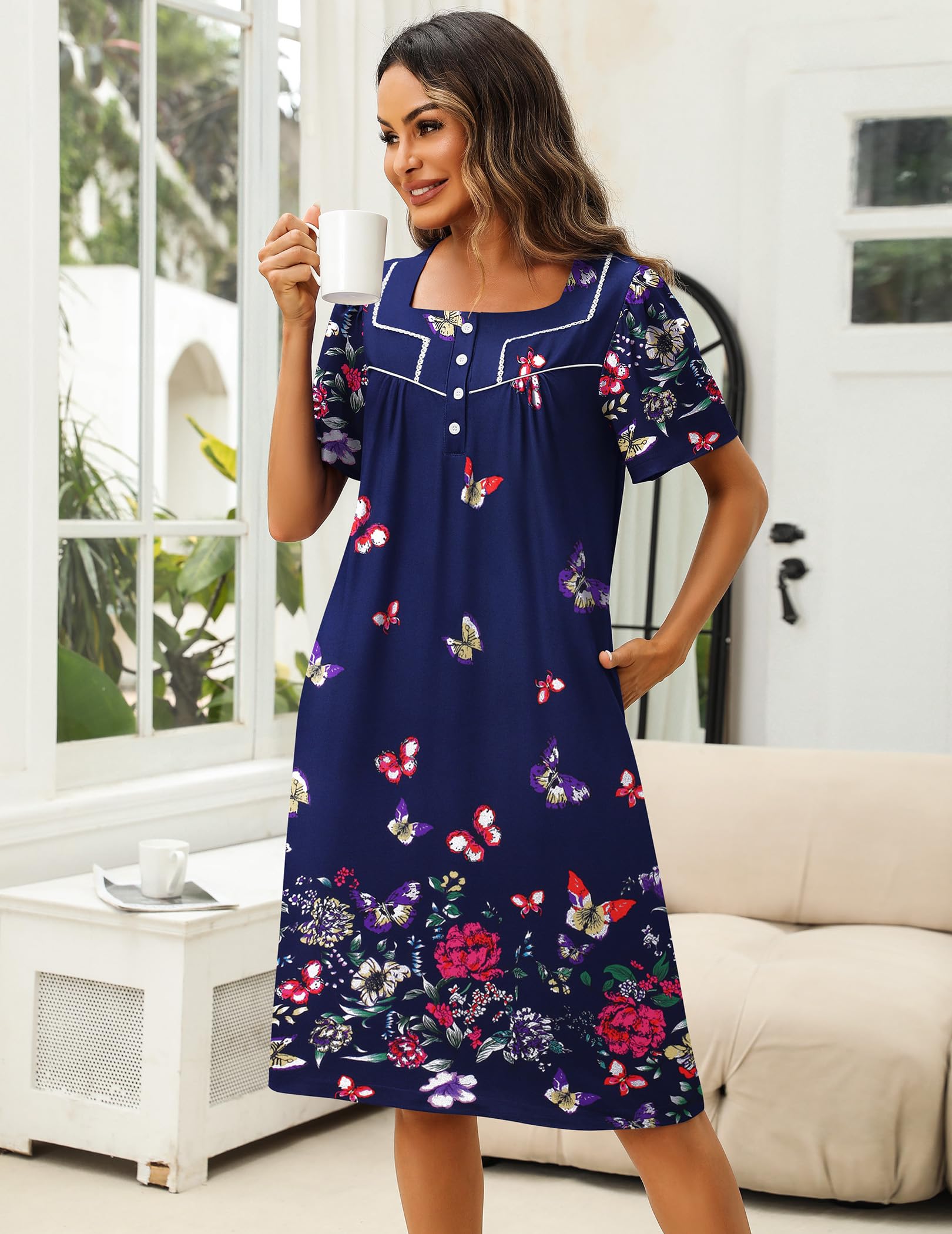 Ekouaer Women's House Dress with Pockets Moomoo Dresses Short Sleeve Mumu Nightgown Lounge Dress Button Down Sleepwear WEBE CLOTHING