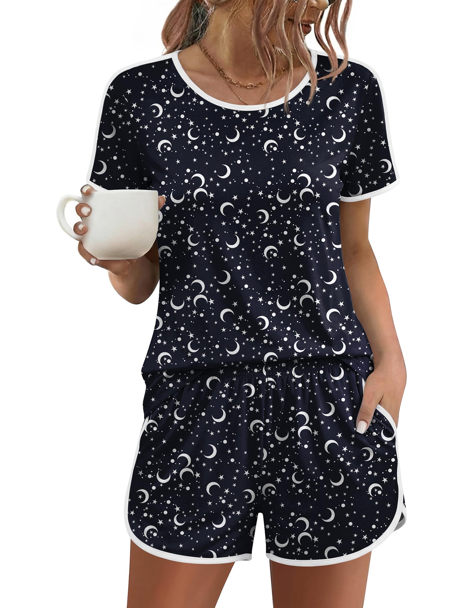 Ekouaer Womens Pajama Sets Short Sleeve Sleepwear Soft Pjs Sets Round Neck Summer 2 Piece Lounge Set with Pockets S-XXL