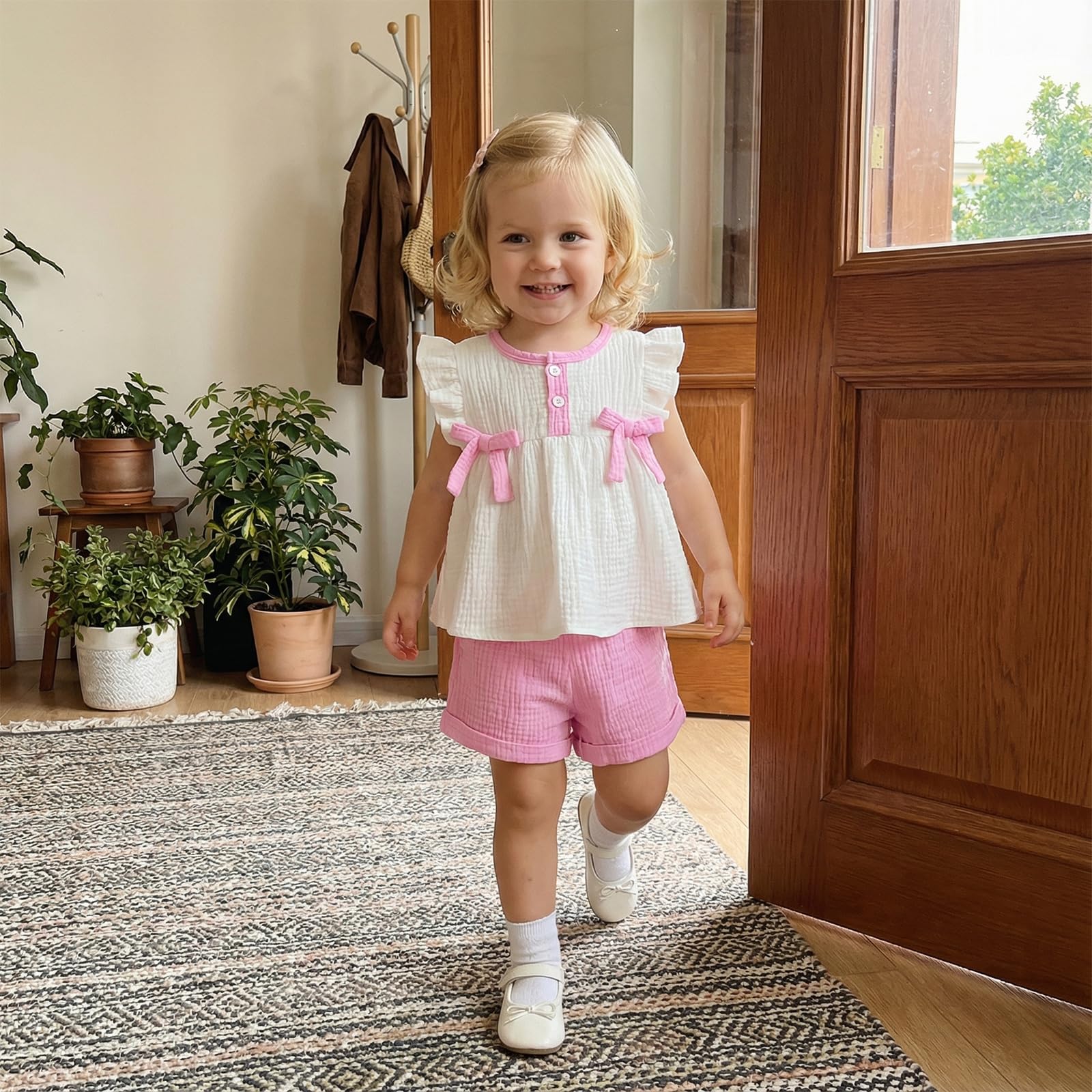 Amnnchya Toddler Girl Clothes Baby Summer Spring Outfits Cute Bow Button Smocked Ruffle Sleeve Tops ＋ Girls Shorts Set WEBE CLOTHING