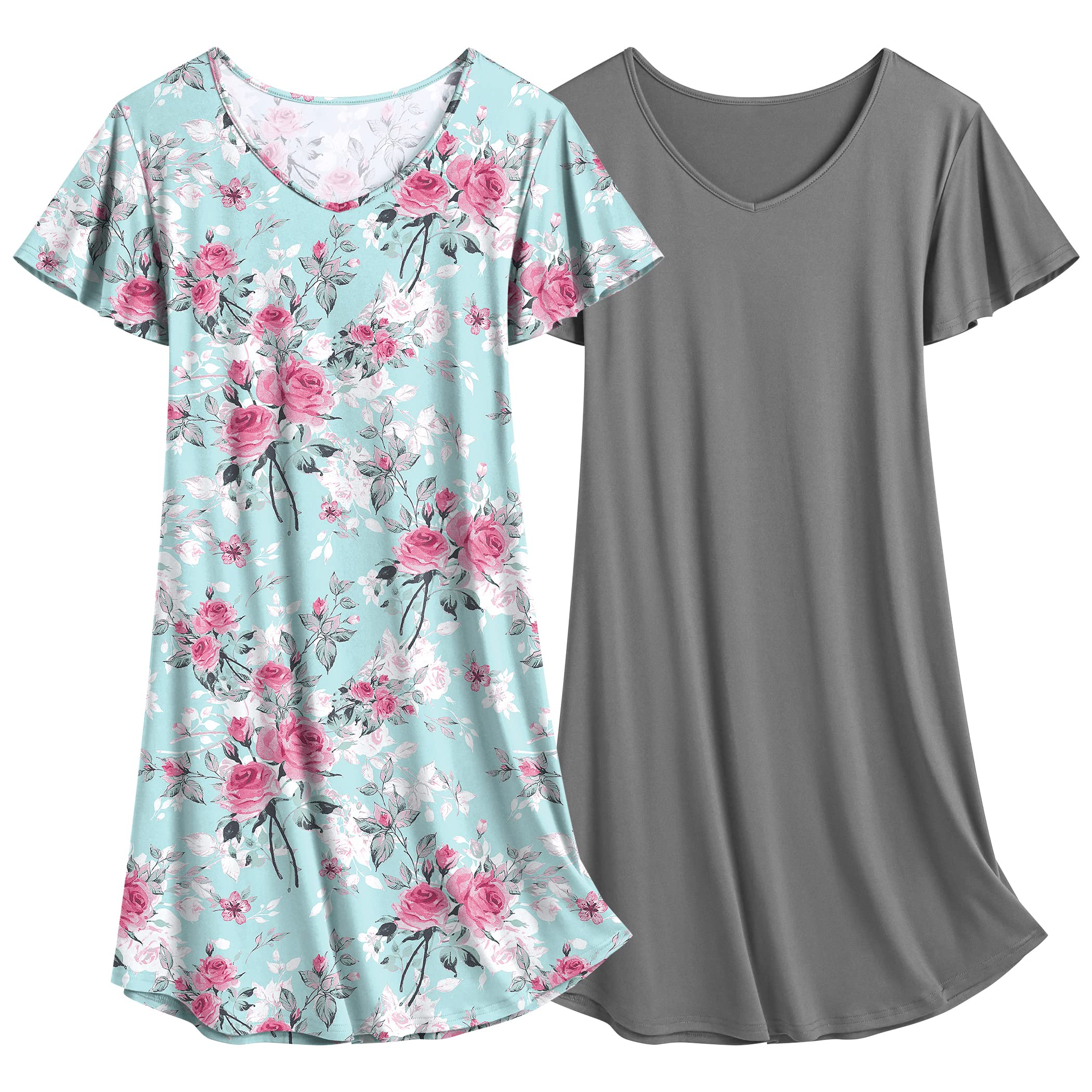 Ekouaer 2 Pack Women's Nightgown Short Sleeve Nightshirts Comfy Soft Pajama Sleep Dress