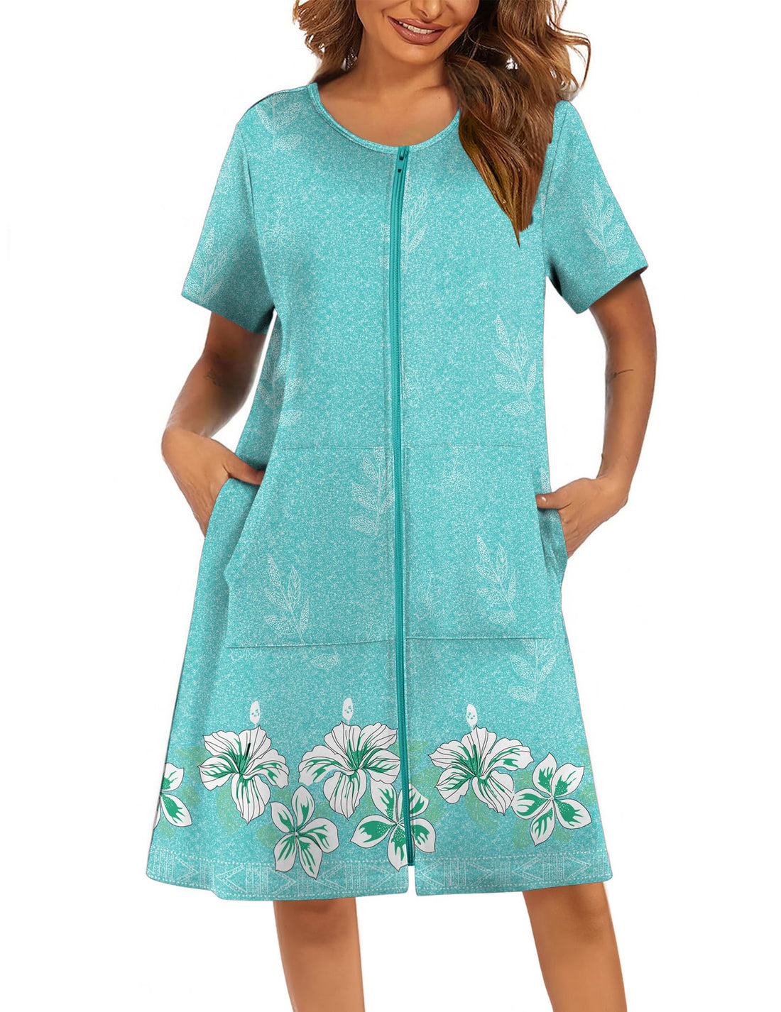 Ekouaer Women Robes Lightweight House Coat Short Sleeve Floral Print Mumu House Dresses with Pockets Zipper Nightgowns