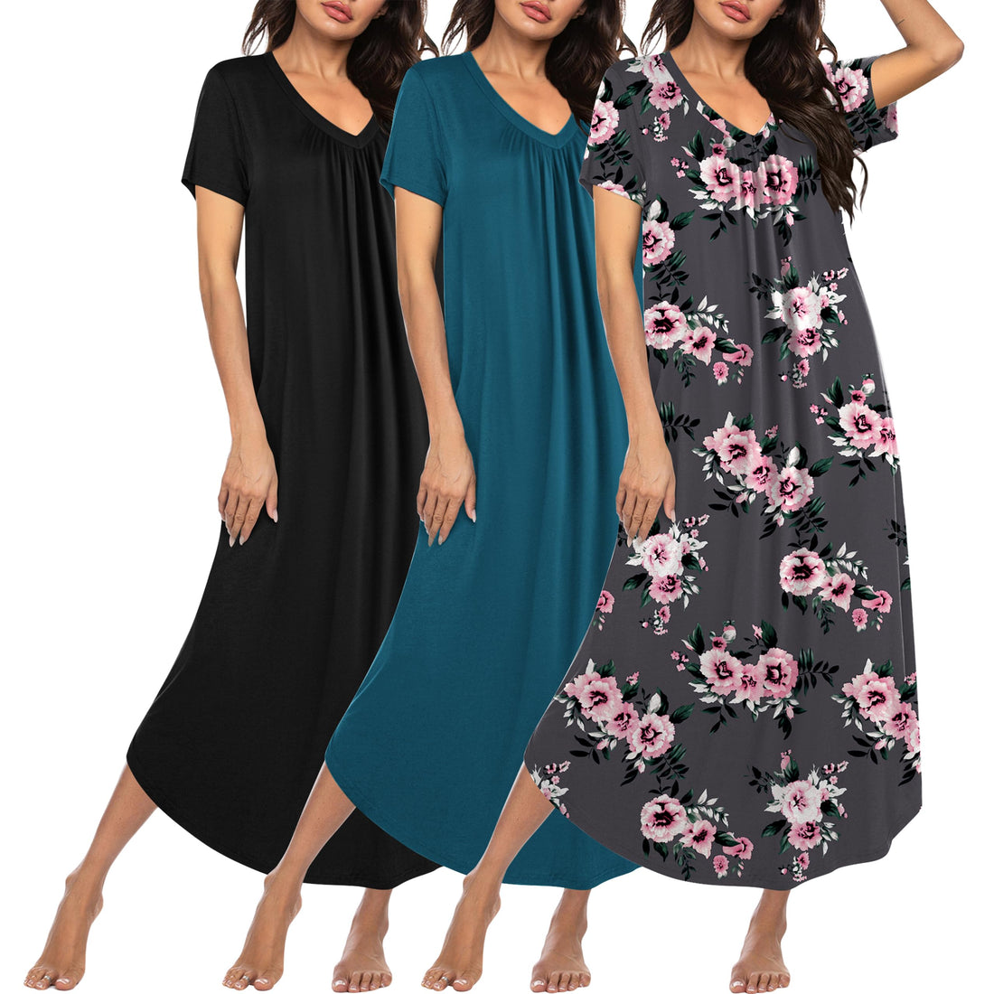 Ekouaer Long Nightgowns for Women 3 Pack House Dress Plus Size Moo Moos | V Neck Night Gowns,Short Sleeve Sleep Dress,Ladies Lounge Dress,Soft Sleep Shirt,Casual Night dress for Sleeping,Daily Wear WEBE CLOTHING