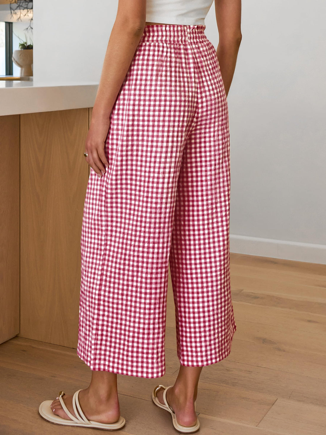 ANRABESS Womens Striped Gingham Palazzo Capri Pants Pajama Wide Leg Lounge Trousers Plaid Cute Crop PJ Bottoms with Pockets