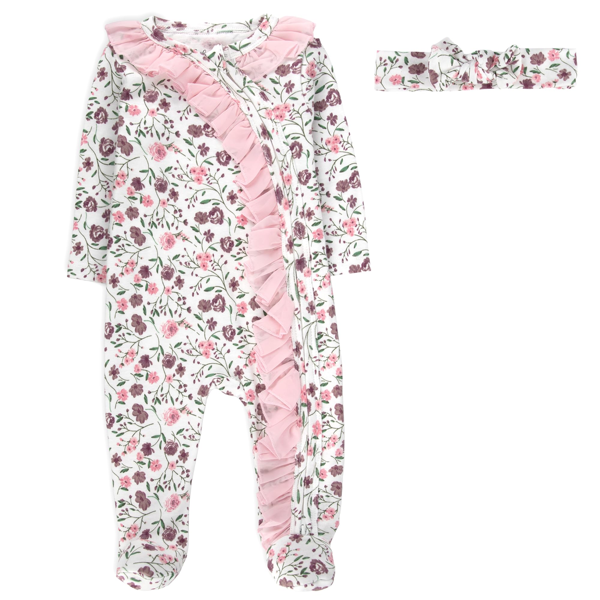 Baby Essentials Baby Girl Sleepers,4 Piece Outfit Set, Romper Footies and Headband – All Season Baby Clothes Gift Set