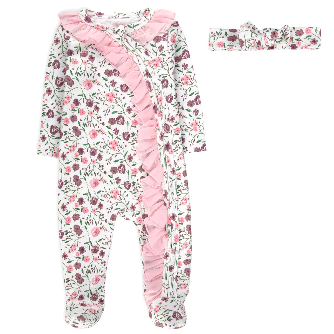Baby Essentials Baby Girl Sleepers,4 Piece Outfit Set, Romper Footies and Headband – All Season Baby Clothes Gift Set