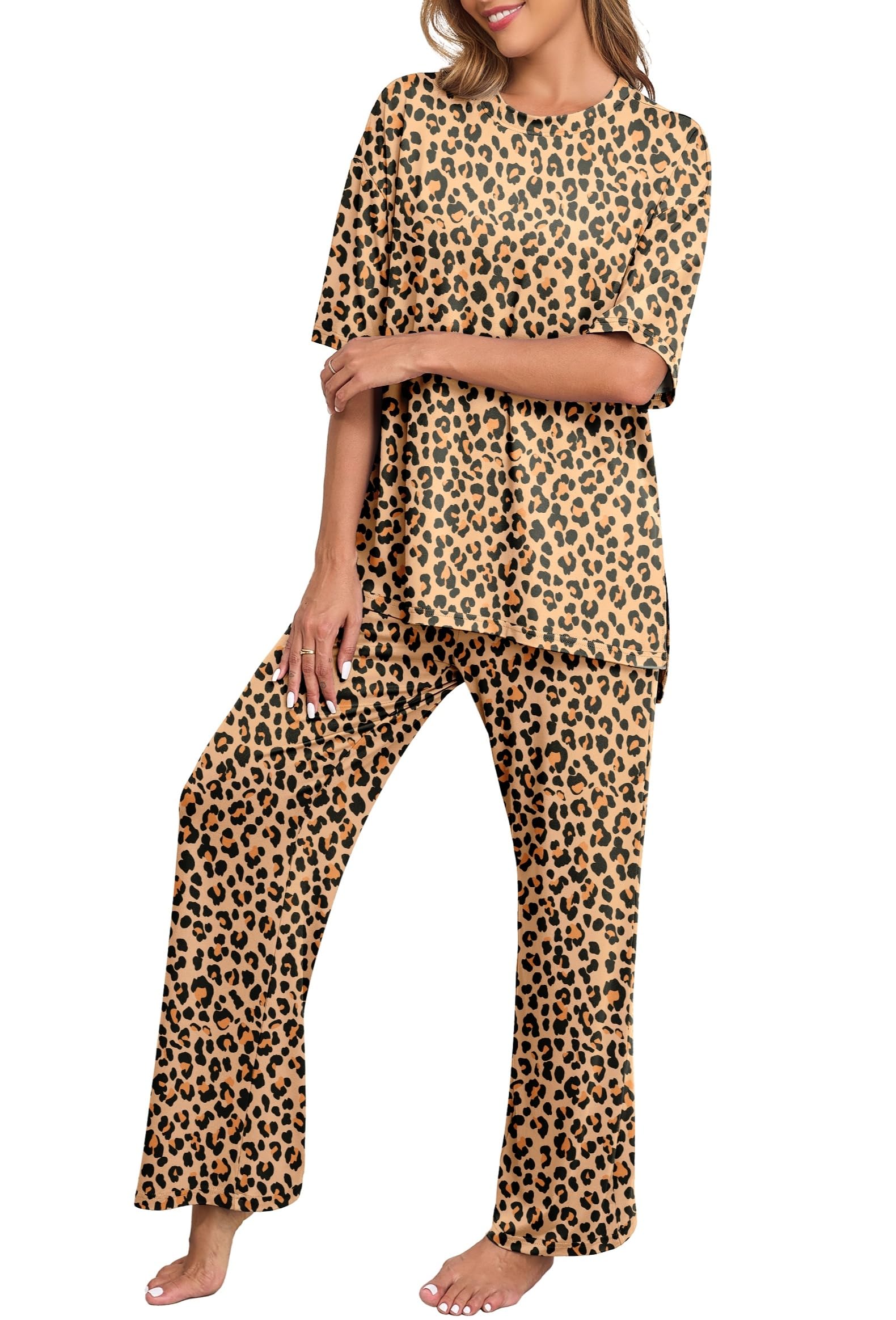 PrinStory Womens Pajamas Sets 2 Piece Lounge Set Short Sleeve Tops and Long Pants Soft Pjs Loungewear with Pockets