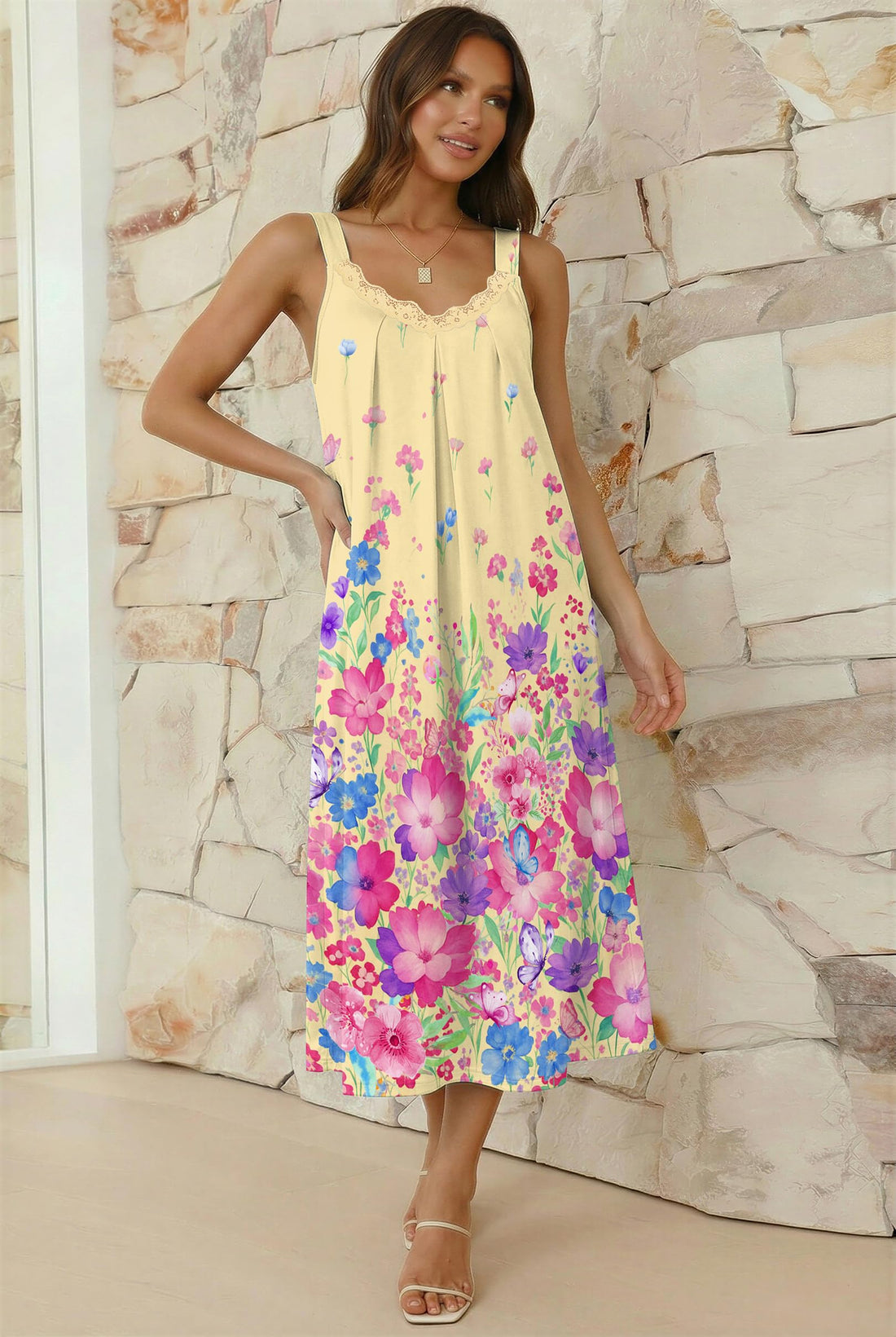 Ekouaer Sleeveless Nightgowns for Women Lace V-neck Long Nightdress Wide Strap Sleepwear Soft Lounge Dresses WEBE CLOTHING