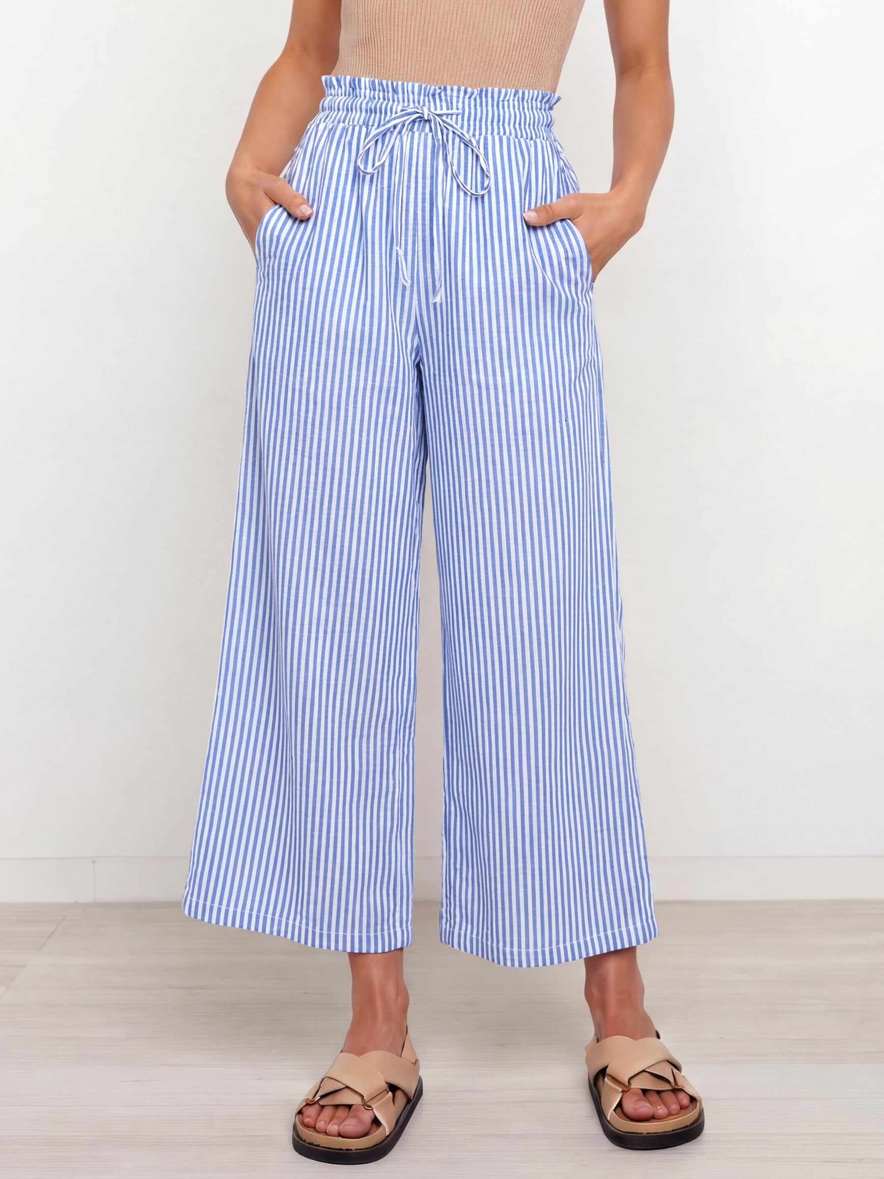 ANRABESS Womens Striped Gingham Palazzo Capri Pants Pajama Wide Leg Lounge Trousers Plaid Cute Crop PJ Bottoms with Pockets