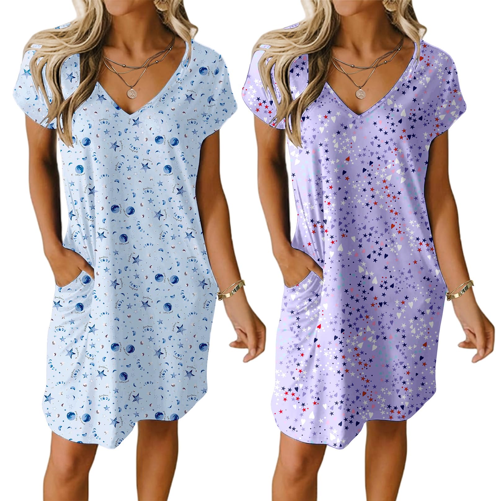 Ekouaer Womens 2 Pack Nightgown V Neck Sleepshirt Short Sleeve Nightshirt Plain/Floral Pajama Dress with Pockets