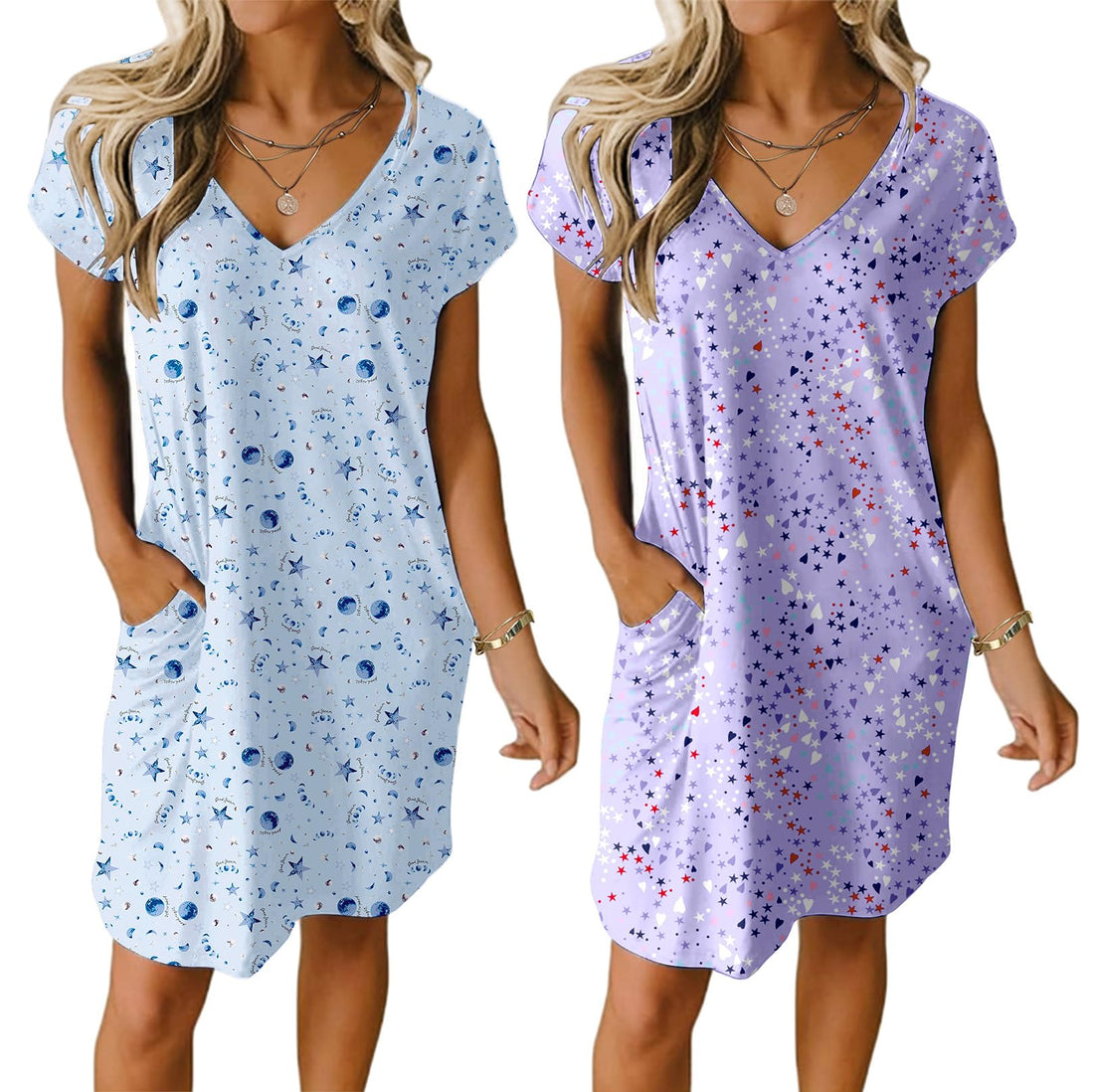 Ekouaer Womens 2 Pack Nightgown V Neck Sleepshirt Short Sleeve Nightshirt Plain/Floral Pajama Dress with Pockets