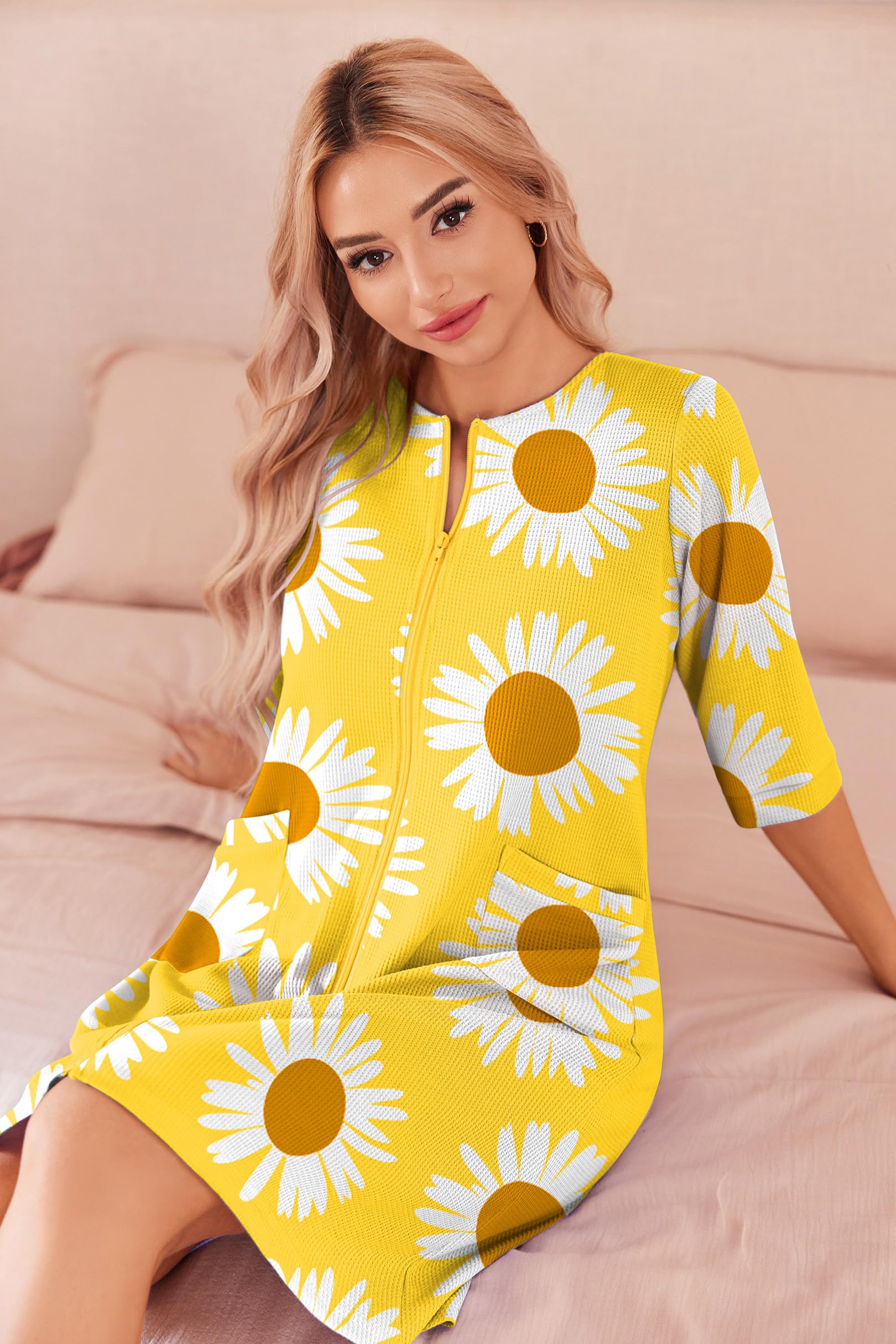 Ekouaer Zip Up Robes for Women Short Waffle Bathrobe Lightweight house coat 3/4 Sleeve Soft Nightgown with Pockets S-3XL WEBE CLOTHING