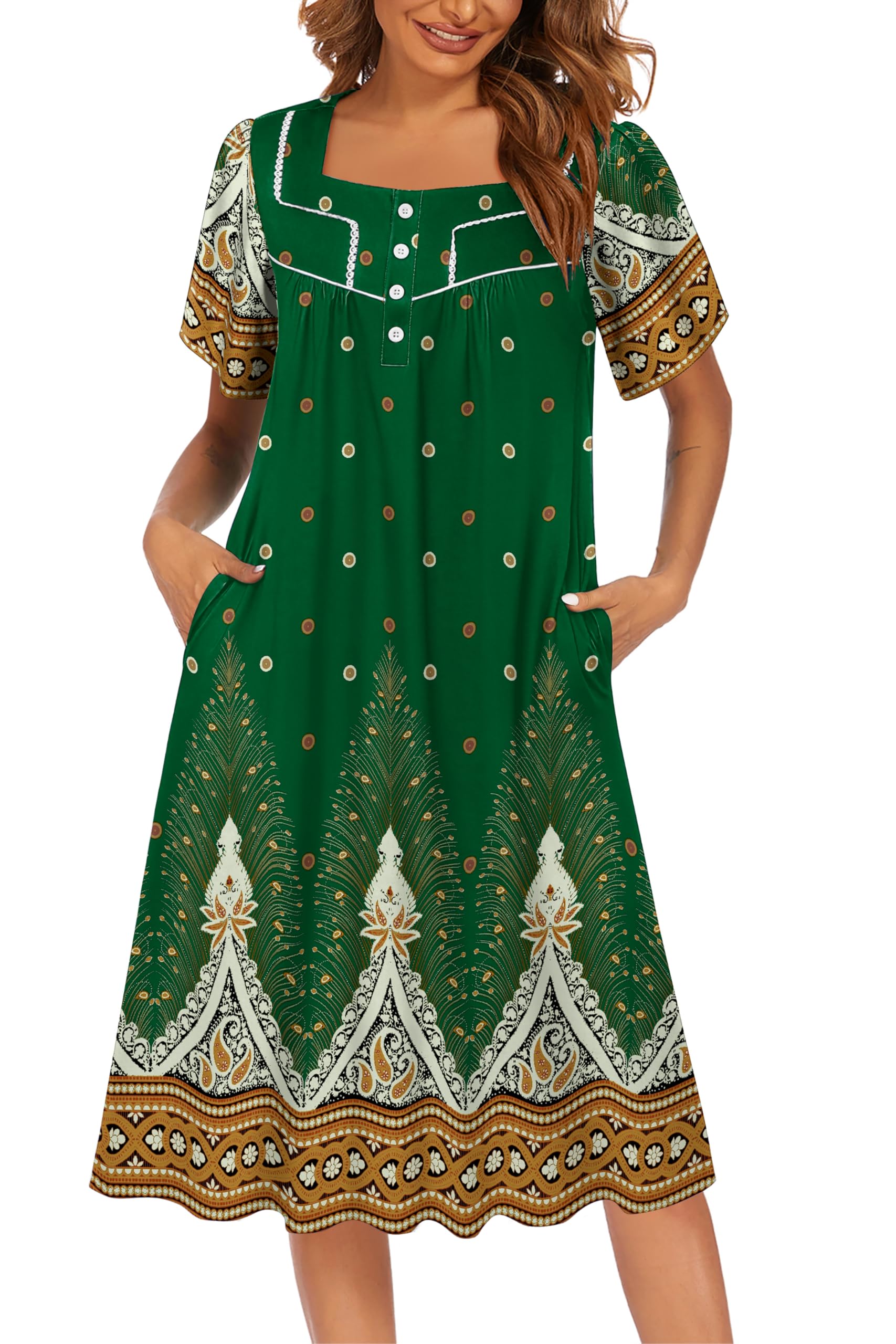 Ekouaer Women's House Dress with Pockets Moomoo Dresses Short Sleeve Mumu Nightgown Lounge Dress Button Down Sleepwear WEBE CLOTHING