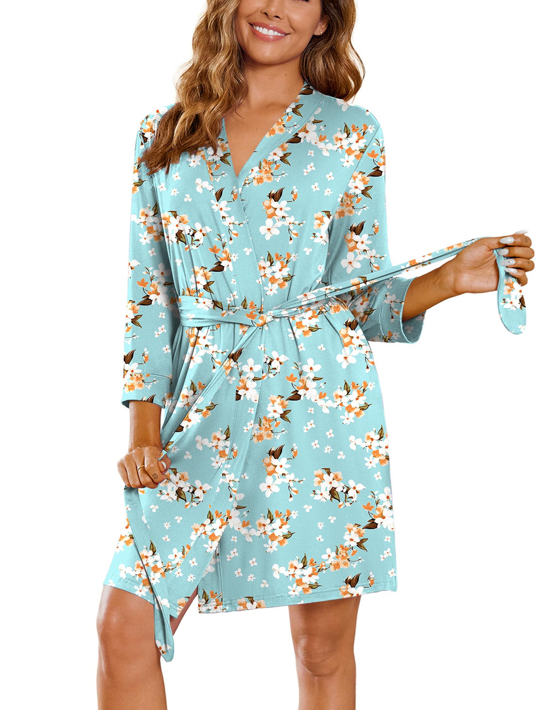 Ekouaer Women‘s Robes Lightweight 3/4 Sleeve Short Knit Bathrobe Soft Knee Length Sleepwear Robes with Pockets S-XXL