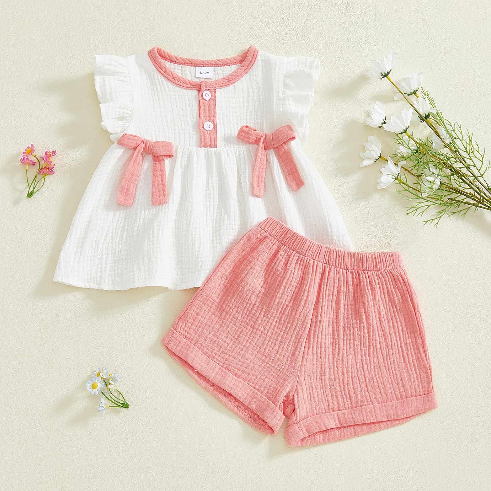 Amnnchya Toddler Girl Clothes Baby Summer Spring Outfits Cute Bow Button Smocked Ruffle Sleeve Tops ＋ Girls Shorts Set WEBE CLOTHING