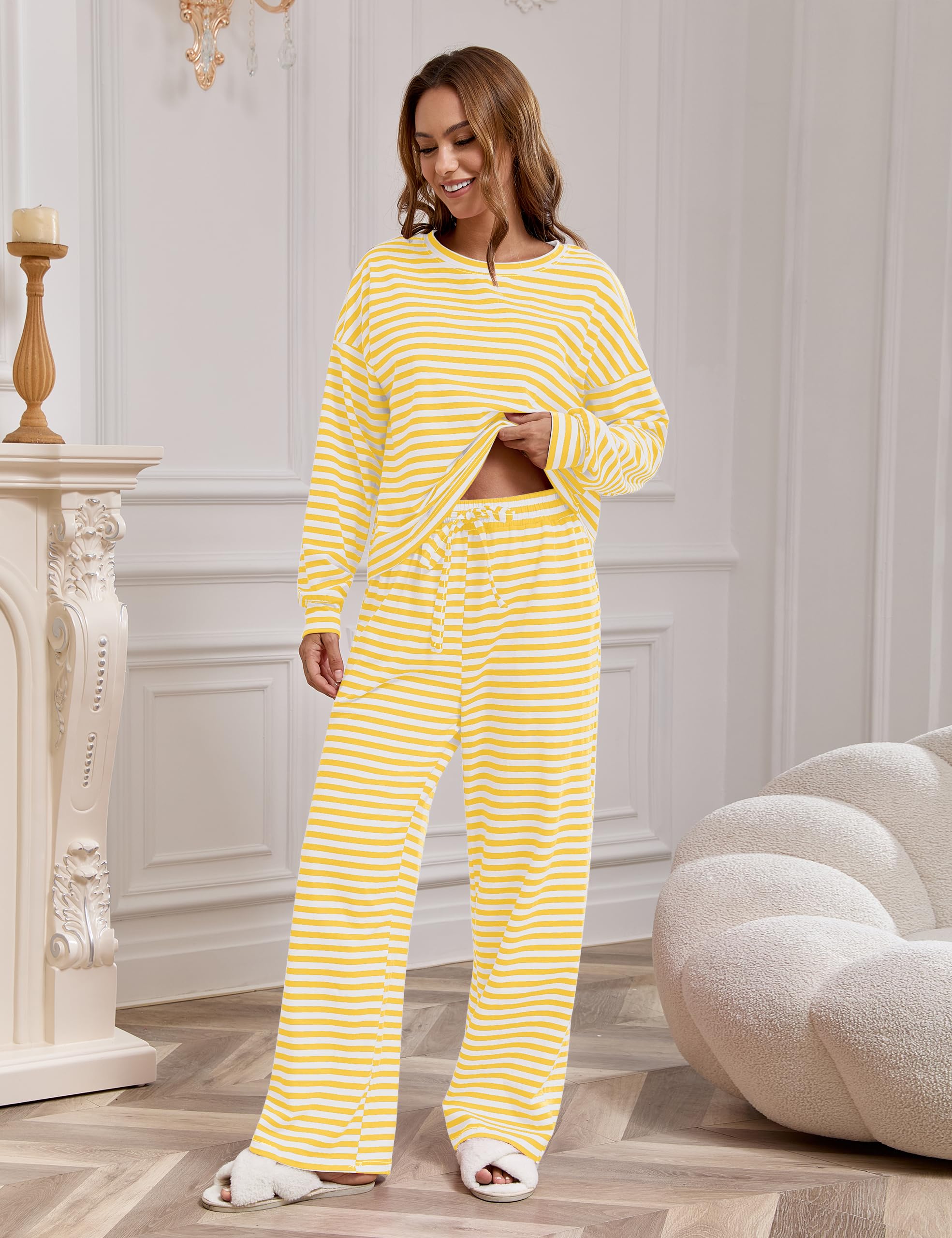 MISSACTIVER Women's Striped 2 Piece Lounge Set Casual Long Sleeve T-Shirt Drawstring Wide Leg Pants Matching Pajamas Set