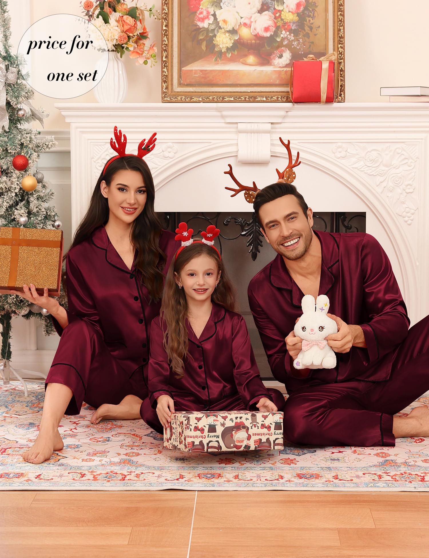 SWOMOG Matching Family Pajamas Set Women & Men & Kids Silk Satin Pjs 2 Pcs Long Sleeve Button Down Sleepwear with 2 Pockets
