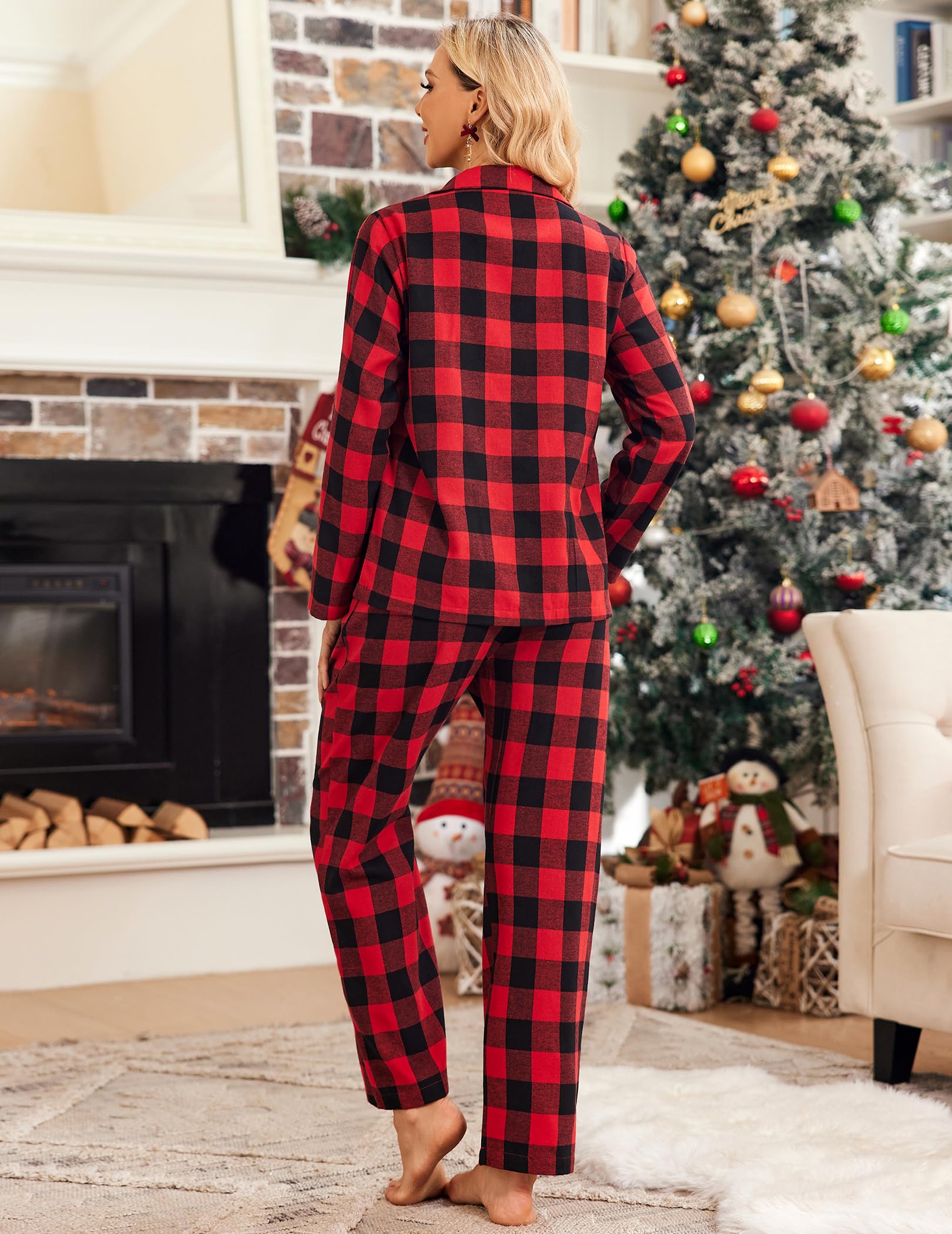 Ekouaer Womens Pajama Sets 2 Piece Cotton Plaid Pjs Long Sleeve Sleepwear Button Down Lounge Set with Pockets
