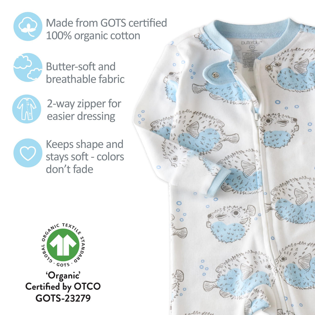 Butterblu Shadow Sleep & Play Baby Pajamas 100% Organic Cotton Two Way Zipper Sleeper Pajamas for Baby Boys & Girls
