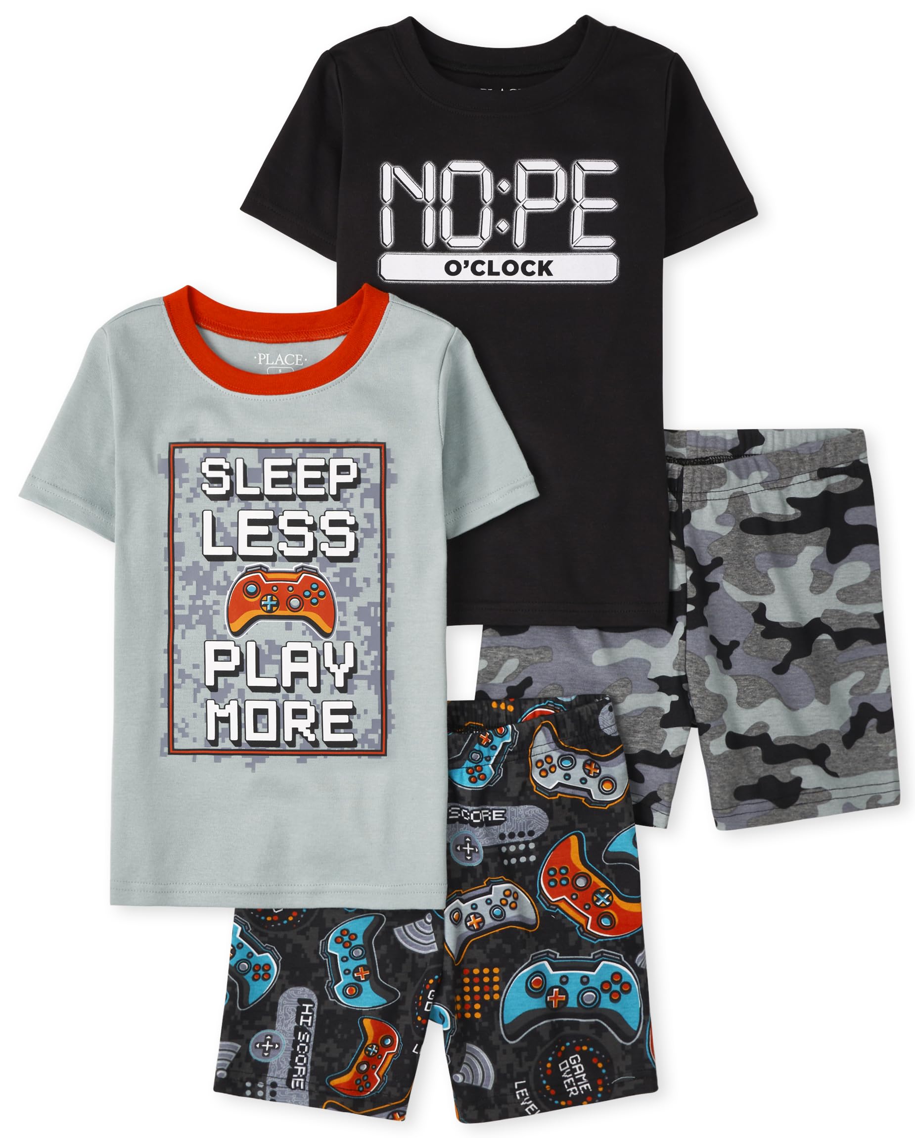 The Children's Place Boys' Short Sleeve Top and Shorts Snug Fit 100% Cotton 4 Piece Pajama Set