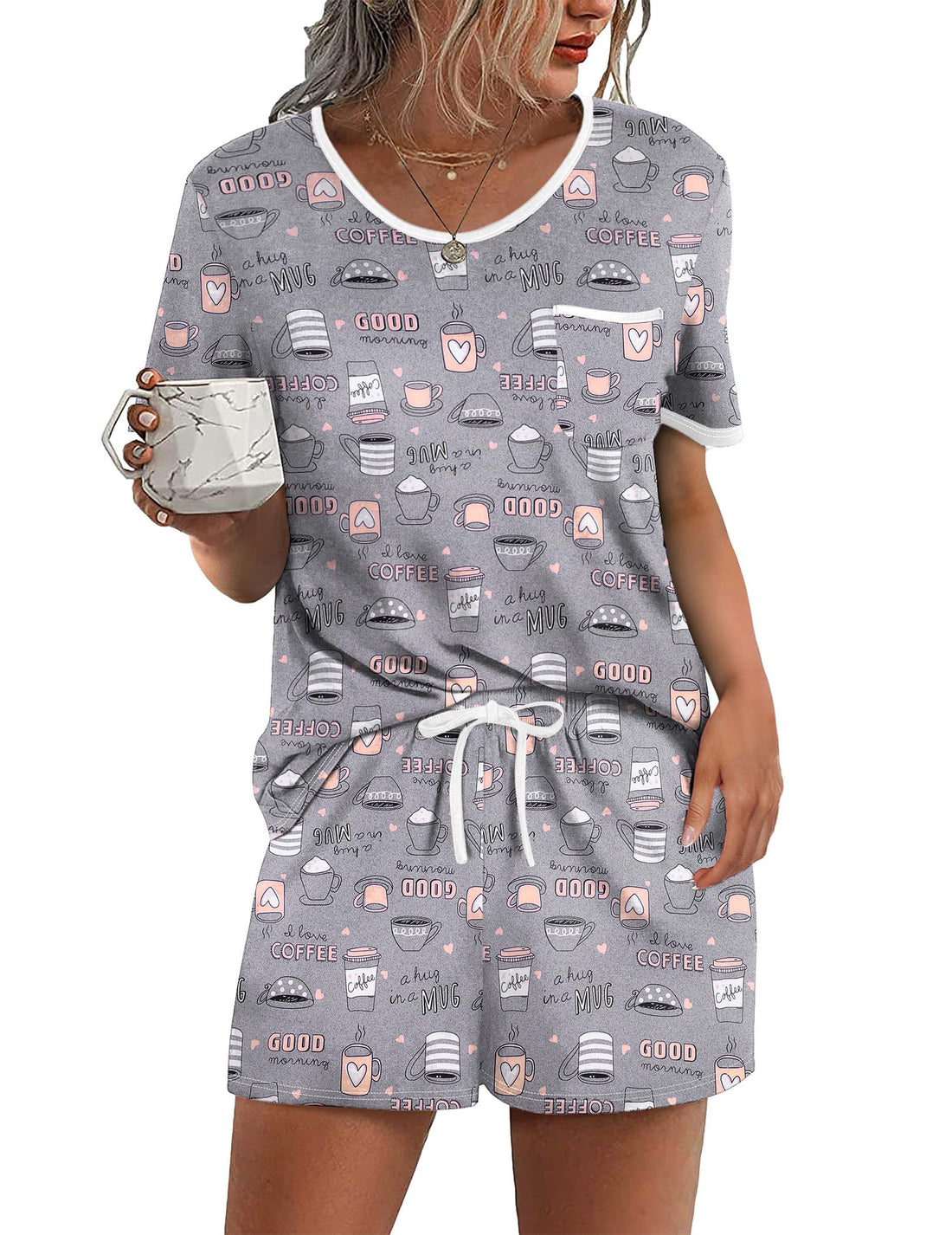 Ekouaer Pajama Set for Women 2 Piece Lounge Set Short Sleeve Tops and Shorts Soft Sleepwear, Chest Pocket