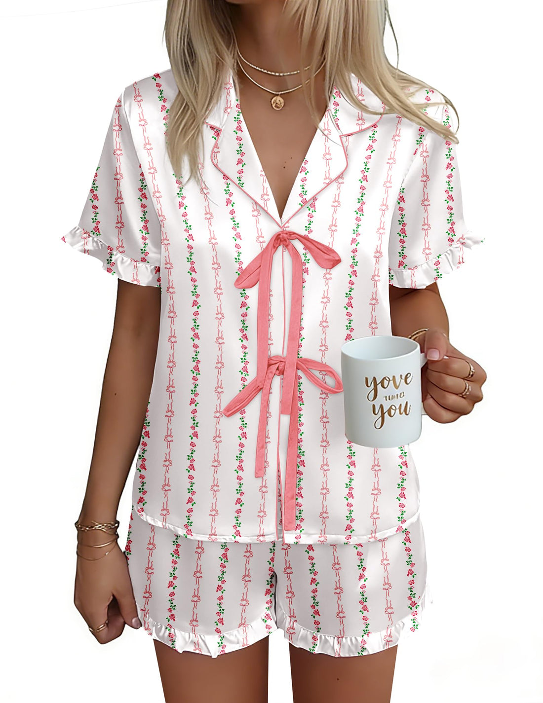 Ekouaer Satin Pajama for Women Short Sleeve Silky Pj Short Set Bow Front Tie Up Loungewear Sleepwear
