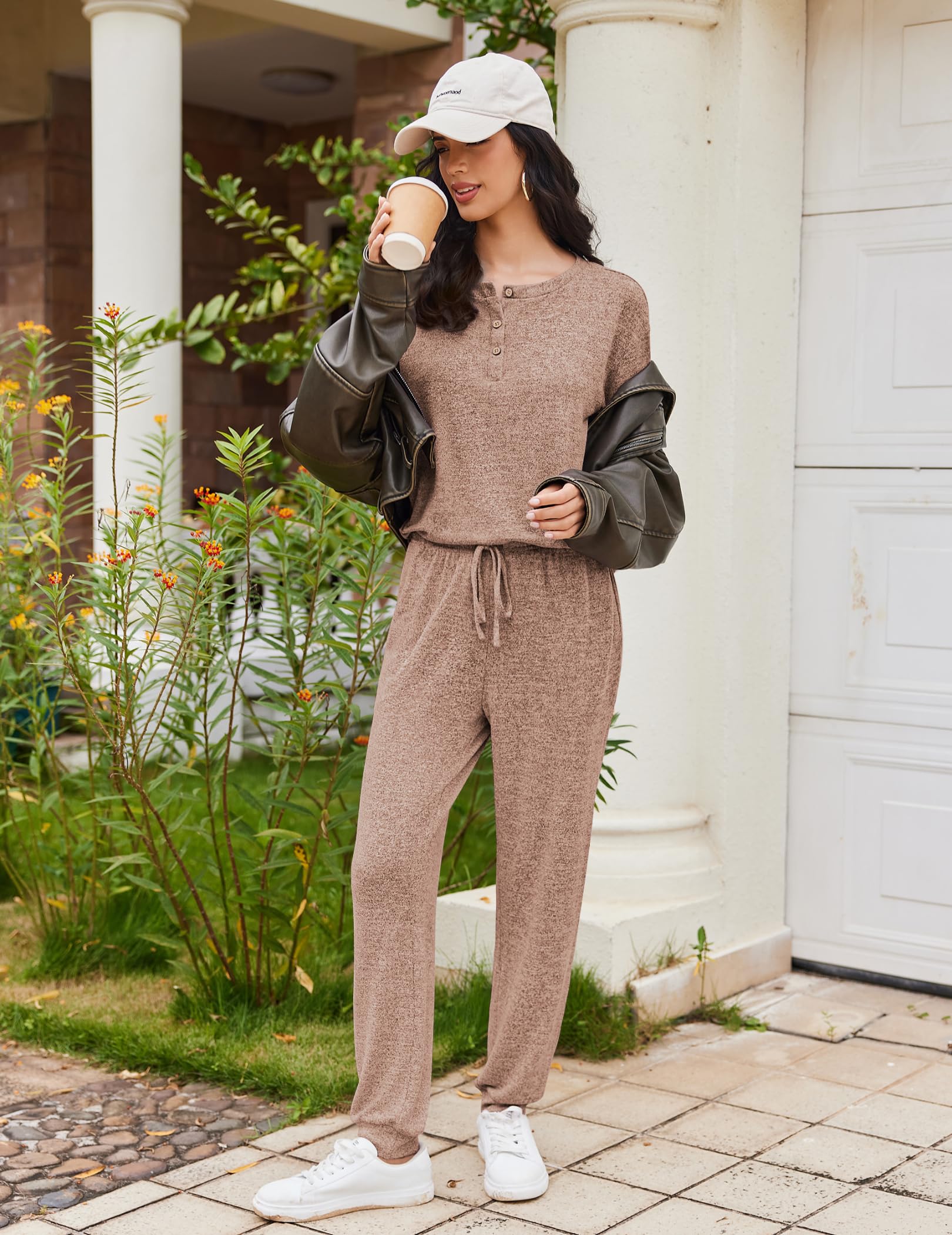 Ekouaer Womens Pajama Sets Long Sleeve Lounge Set 2 Piece Pj Sets for Women Henley Neck Casual Sleepwear Loungewear S-XXL