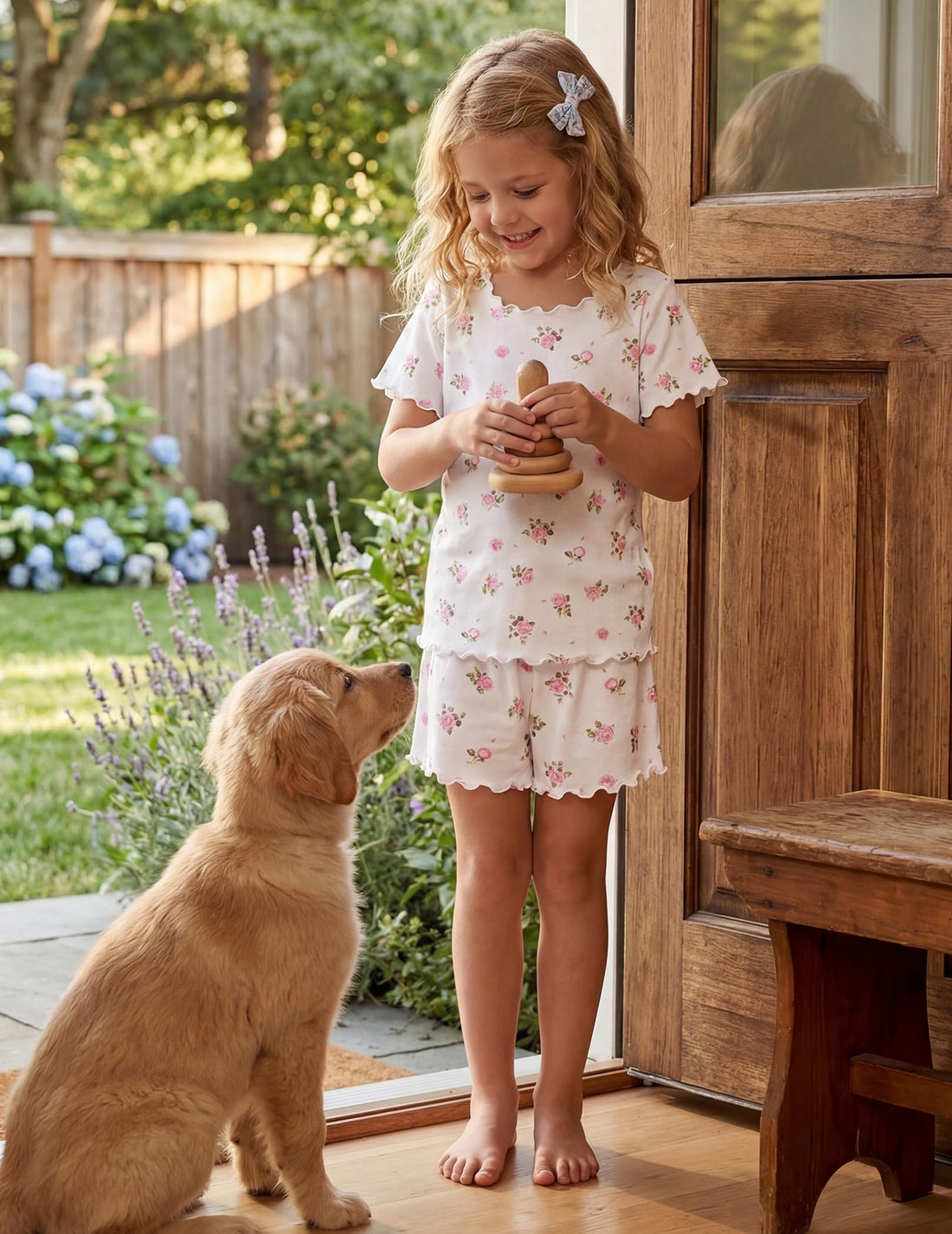 Arshiner Girls Pajama Set Short Sleeve Lounge Set Soft Shirring Summer Sleepwear Pj Sets
