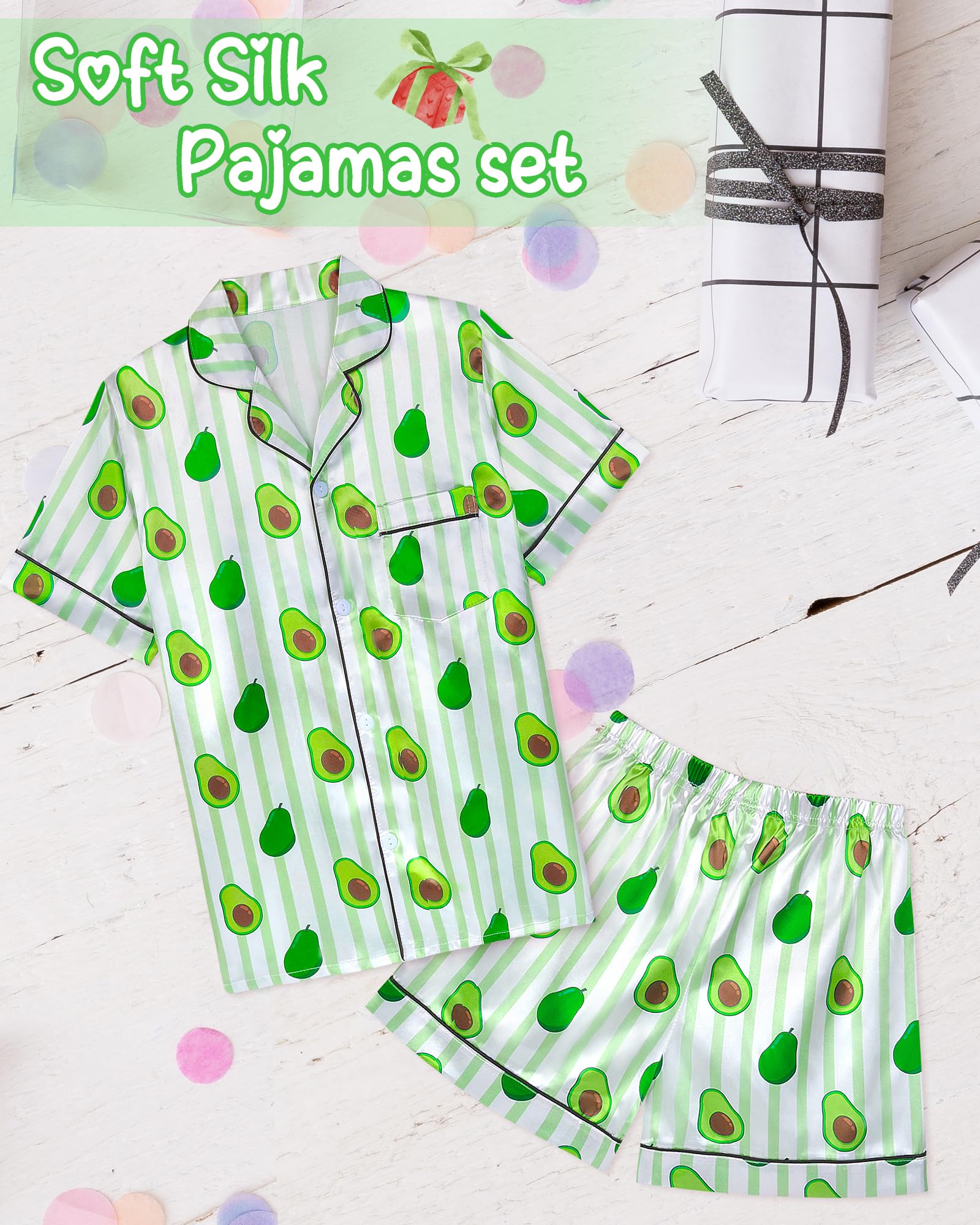 Sylfairy Girls Pajamas Silk PJS Set Pink Bow Satin Sleepwear Short Sleeve Jammies for Kids Button-Down Nightwear size 7-14