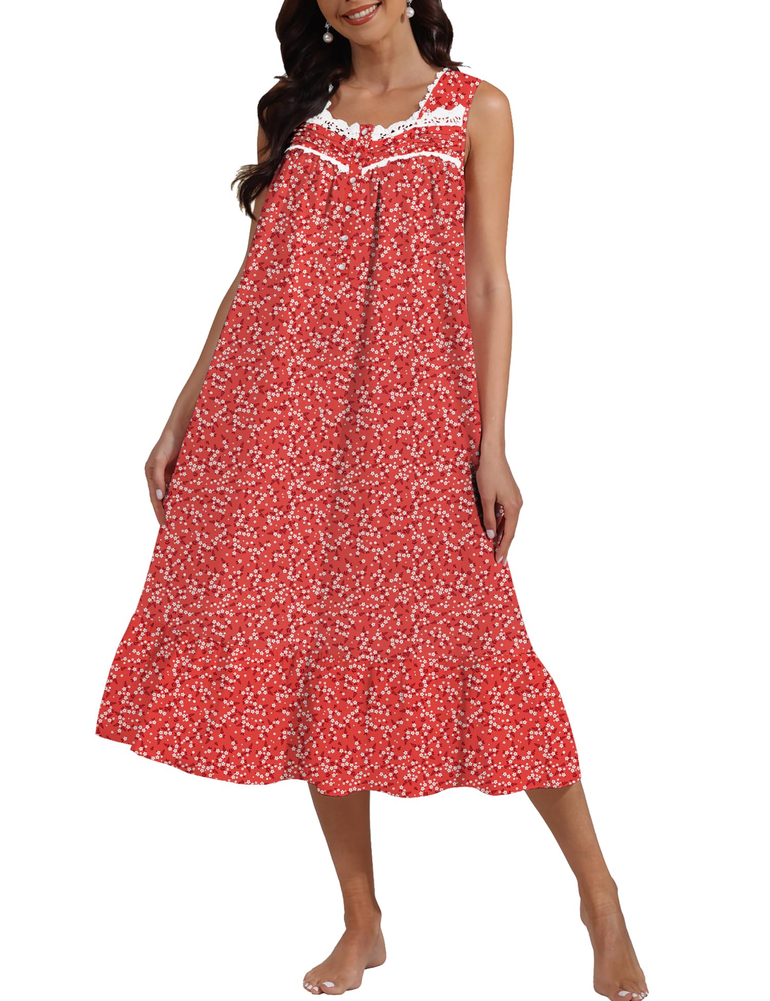 100% Cotton Floral Pearl Snap Nightgown for Women Sleeveless Victorian Sleep Dress Cotton Nightgowns with Pockets WEBE CLOTHING