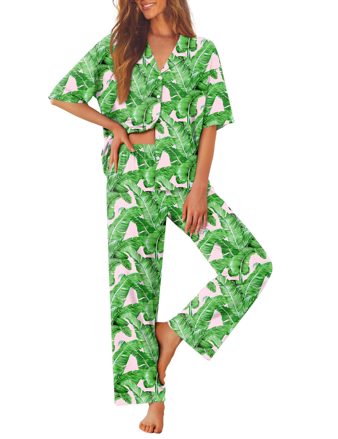 Ekouaer Women Pajamas Set Button Down Sleepwear Short Sleeve Pjs Soft Comfy Nightwear with Long Pants S-XXL